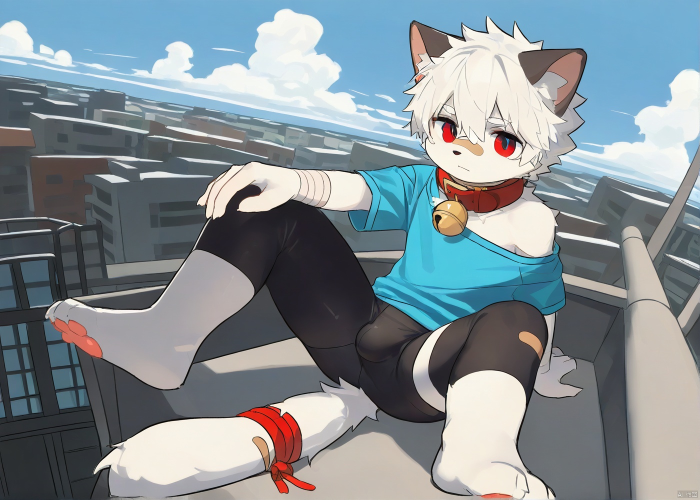cat boy,1boy,solo,male_focus,(white_hair:0.8),red eyes,[bell on collar,Collar,Cortical collar,Large collar],(blue t-shirt,black_leggings under shorts,black bike_shorts),(barefoot) BREAK dutch angle,vanishing point,sitting on rooftop,(blue sky,cloud,wind),(masterpiece, best quality:1.1),foot focus,bandage on nose,bandage on leg,Tail decoration,cat tail,PVC Style,bare_shoulder,body fur,furry,Akira