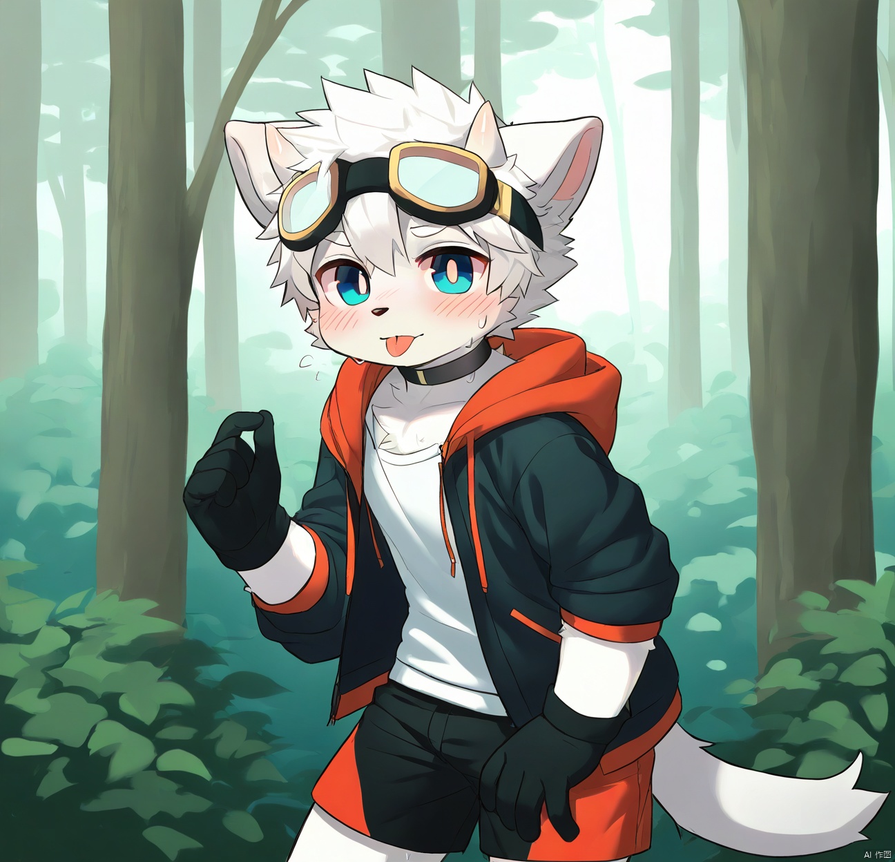 solo, looking at viewer, blush, short hair, blue eyes, gloves, 1boy, white hair, male focus, sweat, outdoors, horns, shorts, choker, tongue, black gloves, hood, tongue out, tree, hoodie, goggles, nature, forest, goggles on head, male child,body fur,furry