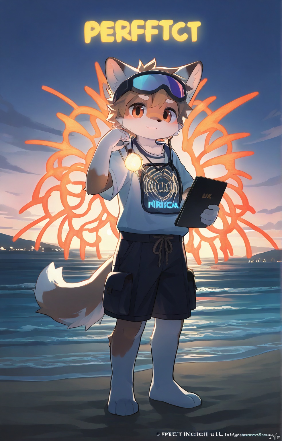 perfect illustration, beach illuminated by neon lights,glowing camp,(best quality, perfect masterpiece, Representative work, official art, Professional, high detail, Ultra intricate detailed:1.3), CACA, furry, shota,body fur