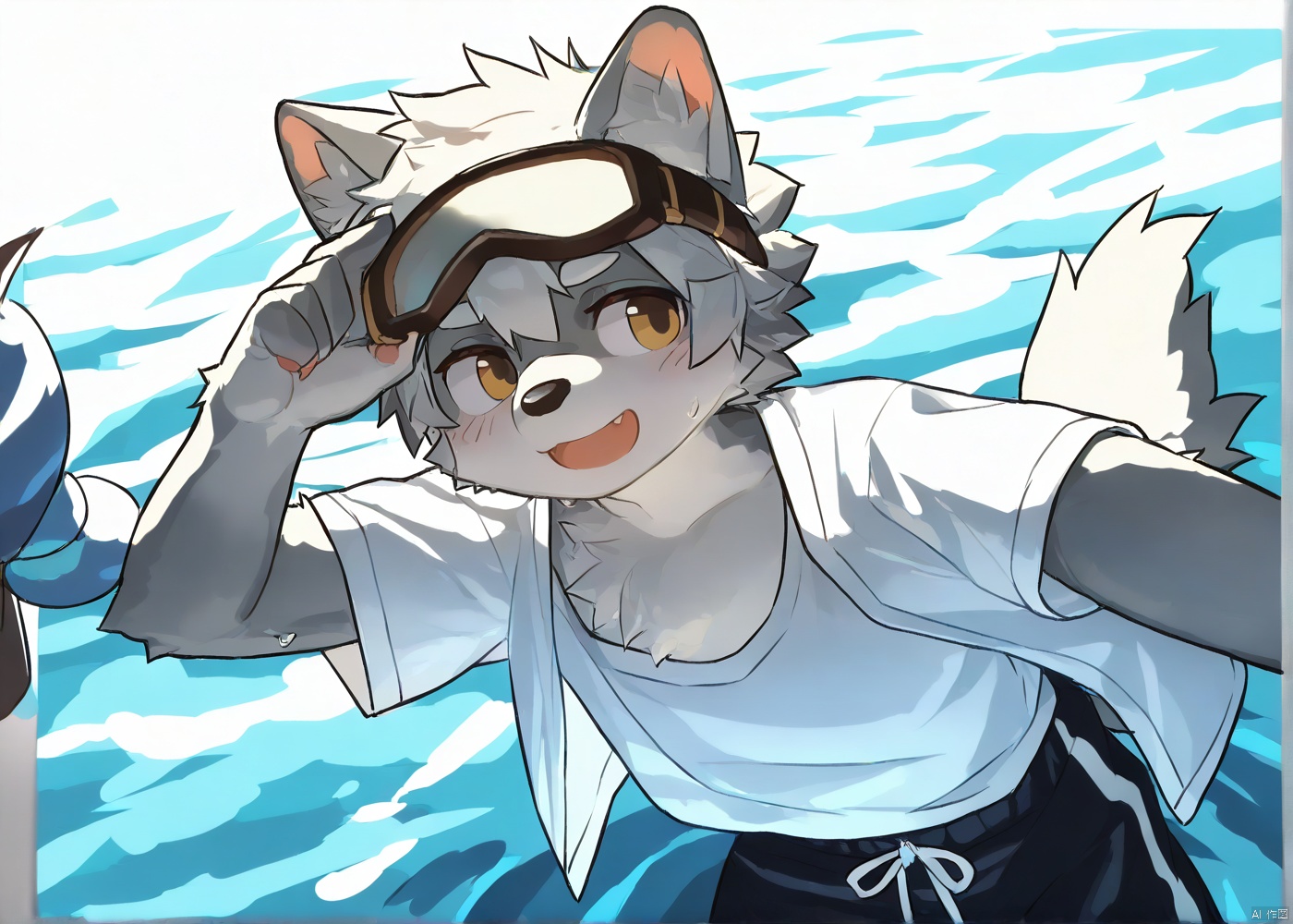 masterpiece,best quality,solo,by milkytiger1145,by littleblackalas,anime style,furry,Wolf,white shirt,open clothing,swimming trunks,swimming goggles, (looking aside:1.2),floating,upper body,selfie,onnk,source_furry,anthro,body fur,Akira