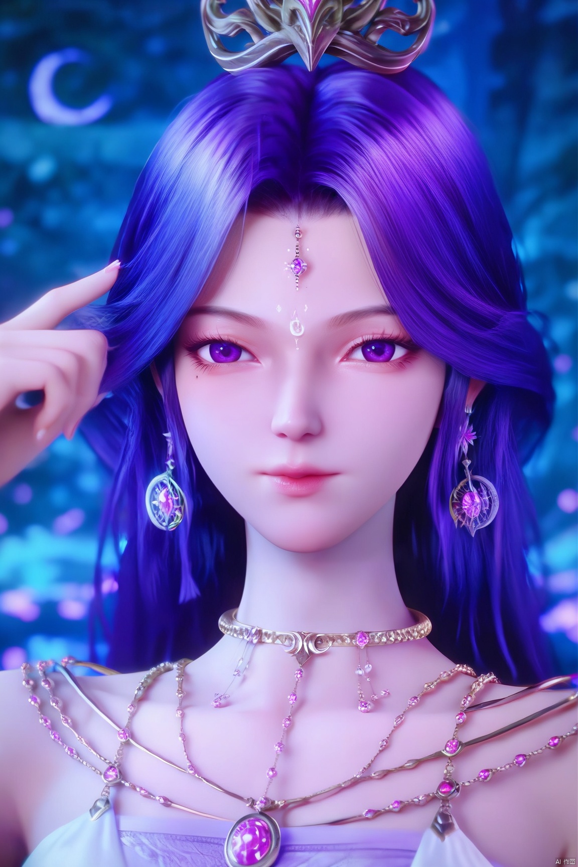 score_9_up,score_8_up,score_7_up,(Masterpiece, Best Quality, Photorealistic, High Resolution, 8K Raw), 
1girl, solo, long hair, looking at viewer, jewelry, closed mouth, purple eyes, purple hair, earrings, necklace, mole, lips, mole under eye, crescent, gem, portrait