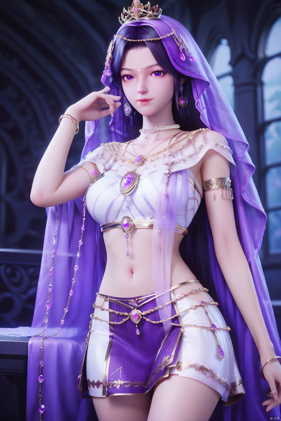 score_9_up,score_8_up,score_7_up,(Masterpiece, Best Quality, Photorealistic, High Resolution, 8K Raw), 
1girl, solo, long hair, breasts, looking at viewer, skirt, black hair, navel, jewelry, medium breasts, purple eyes, purple hair, cowboy shot, earrings, midriff, necklace, bracelet, lips, ring, veil, armlet