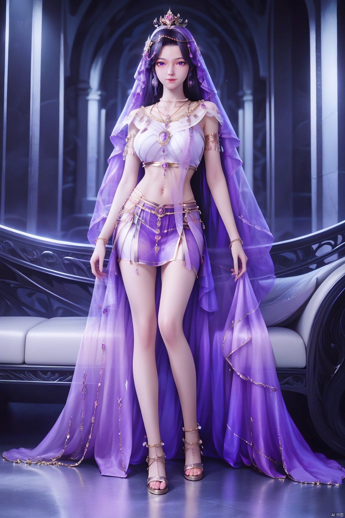 score_9_up,score_8_up,score_7_up,(Masterpiece, Best Quality, Photorealistic, High Resolution, 8K Raw), 
1girl, solo, long hair, breasts, looking at viewer, skirt, shirt, black hair, hair ornament, navel, jewelry, standing, purple eyes, full body, earrings, midriff, necklace, bracelet, see-through, bare legs, sandals, veil, purple skirt, anklet