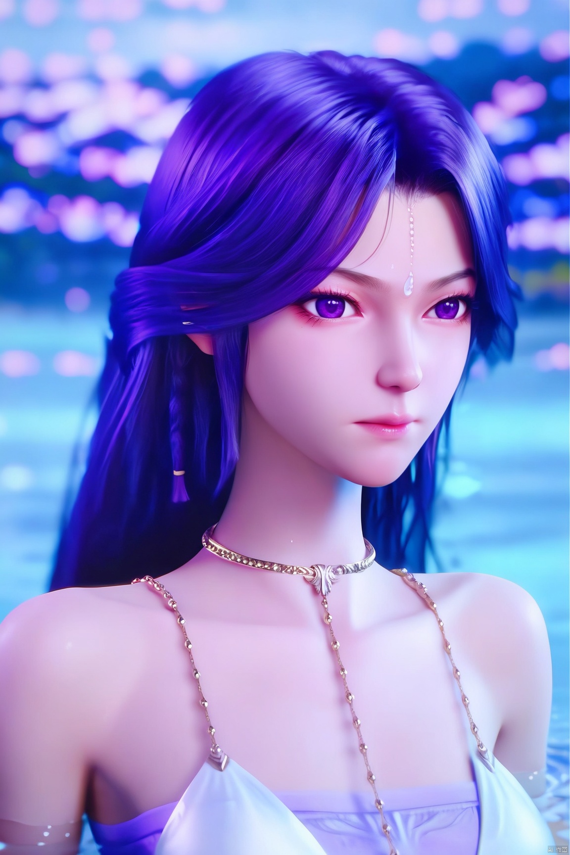 score_9_up,score_8_up,score_7_up,(Masterpiece, Best Quality, Photorealistic, High Resolution, 8K Raw), 
1girl, solo, long hair, jewelry, closed mouth, purple eyes, swimsuit, upper body, purple hair, water, necklace, shell, seashell