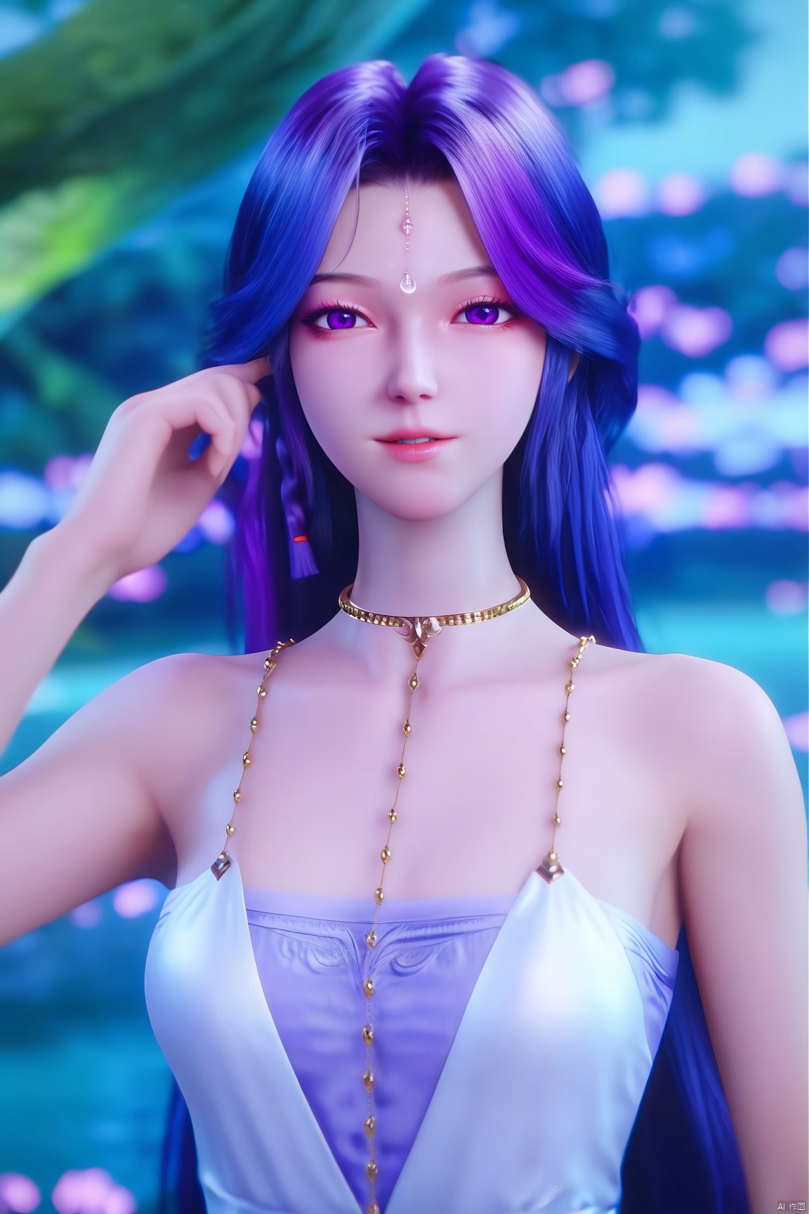 score_9_up,score_8_up,score_7_up,(Masterpiece, Best Quality, Photorealistic, High Resolution, 8K Raw), 
1girl, solo, long hair, looking at viewer, dress, bare shoulders, jewelry, blue hair, purple eyes, upper body, purple hair, braid, multicolored hair, parted lips, necklace, white dress, two-tone hair, blurry background, watermark, forehead jewel