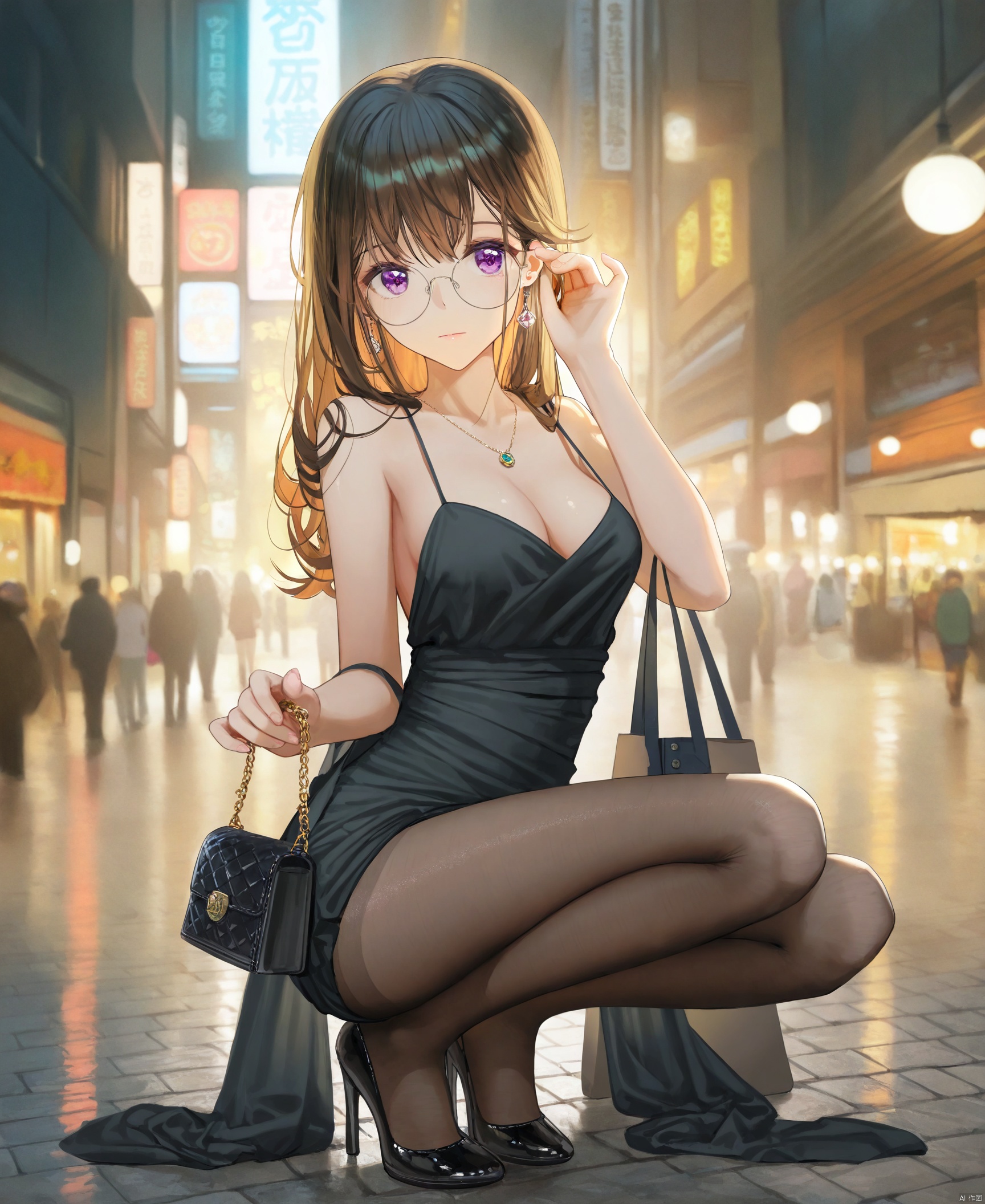 1girl, solo, bag, pantyhose, high heels, handbag, jewelry, glasses, squatting, black footwear, holding bag, sleeveless, dress, black dress, earrings, round eyewear, looking at viewer, holding, black pantyhose, full body, brown hair, black hair, breasts, necklace, closed mouth,
 jima,torino_aqua,miwabe_sakura,(wlop:0.8),ciloranko,iumu,ask_\(askzy\),bison_cangshu,yunsang,ningen_mame,sho_\(sho_lwlw\),rhasta,(deyui:0.4),chen_bin,gujianshaonu,turisasu,nekojira,omone_hokoma_agm,
fine fabric emphasis,
official art,depth of field,high contrast,colorful,detailed light,light leaks,beautiful detailed glow,best shadow,shiny skin,cinematic lighting,ray tracing, 
(best quality,amazing quality,very aesthetic,absurdres,beast quality,masterpiece,ultra detailed, newest,8K,HDR:1.1),