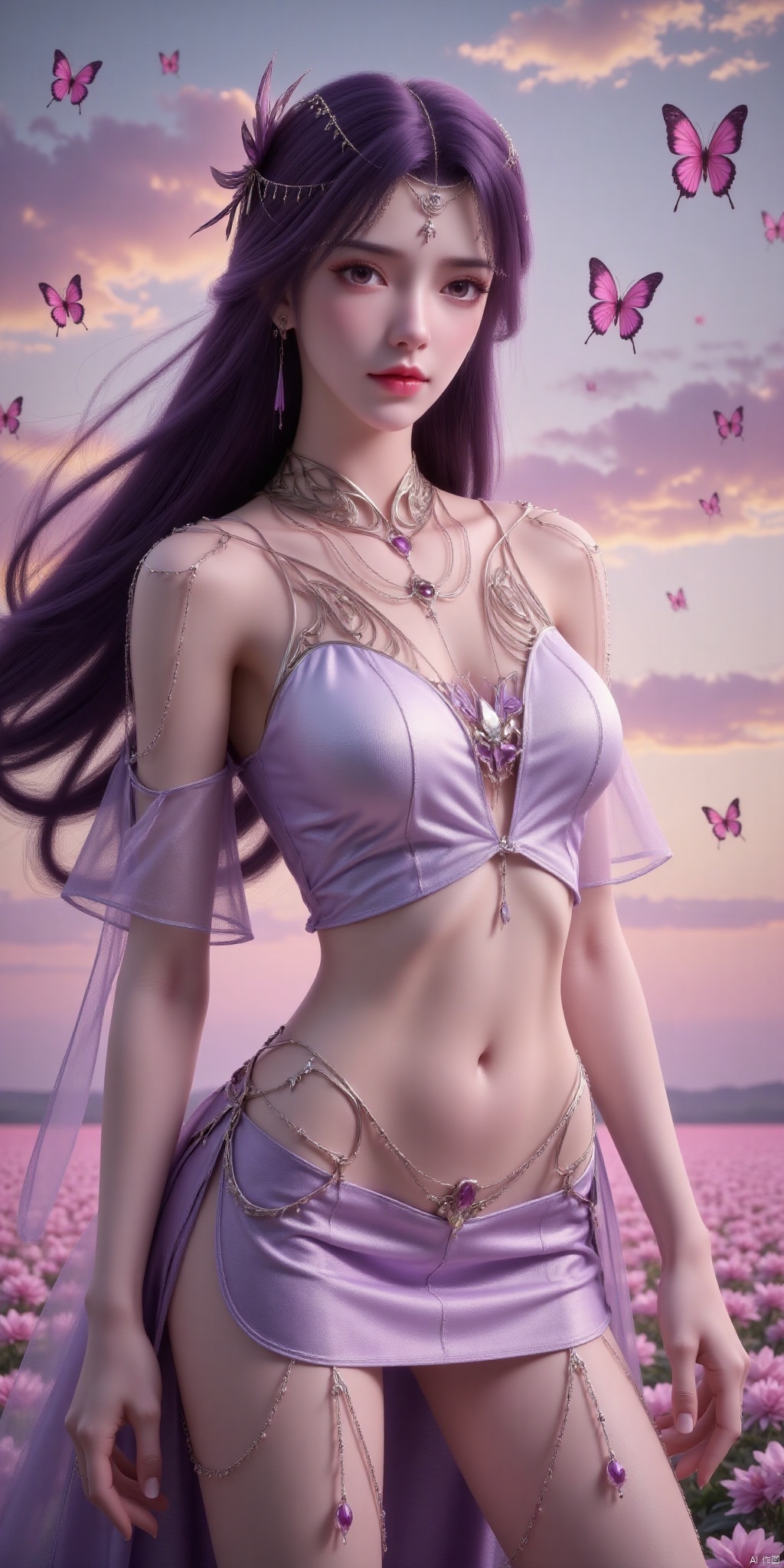 提示(masterpiece, best quality, ultra-detailed, highres, best illustration),1girl,solo,cowboy shot,looking_at_viewer, side lighting,lustrous skin,(shine),(shiny skin, cetlic elements, norse heritage),ray tracing,wind swept hair,detailed hair,detailed face,depth_of_field,very detailed background,extreme light and shadow,(detailed eyes),perfect anatomy,,dynamic angle,1girl,((sea of pink flowers,with butterflies everywhere.,fluttering butterflies in the sky,colorful auspicious clouds,)), Short top,ultra short skirt ,yunxi,purple_hair