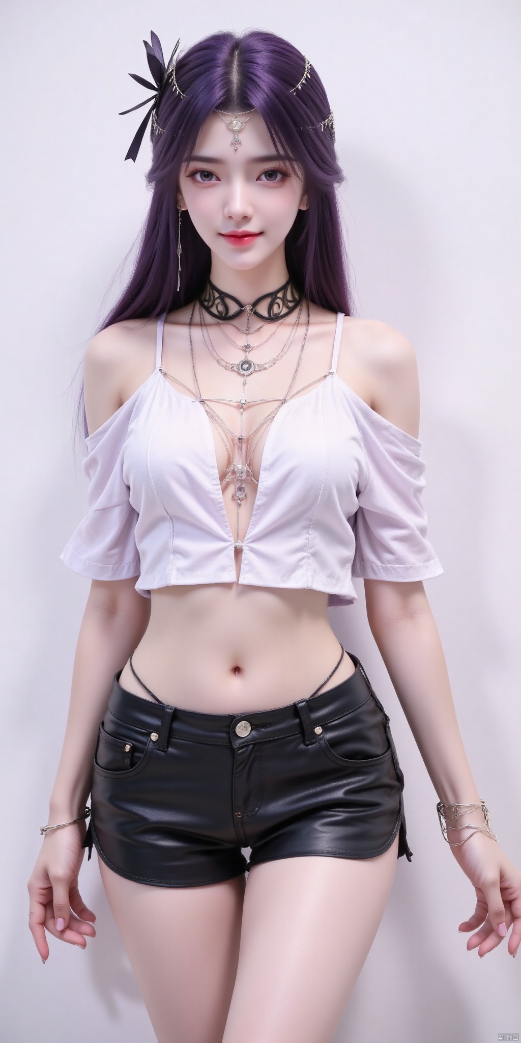 yunxi,nai3, 1girl, shorts, solo, crop top, black shorts, choker, navel, shirt, midriff, crop top overhang, looking at viewer, white shirt, jewelry, breasts, cowboy shot, bare shoulders, short shorts, off-shoulder shirt, off shoulder, black choker, thighs, stomach, hand on own thigh, long hair, bracelet, short sleeves, ribbon, hand up, collarbone, hair ribbon, medium breasts, standing, high-waist shorts, dolphin shorts, bra strap, , hair ornament, thigh gap, necklace, expressionless, , , yunxi,purple hair,purple eyes,kind smile