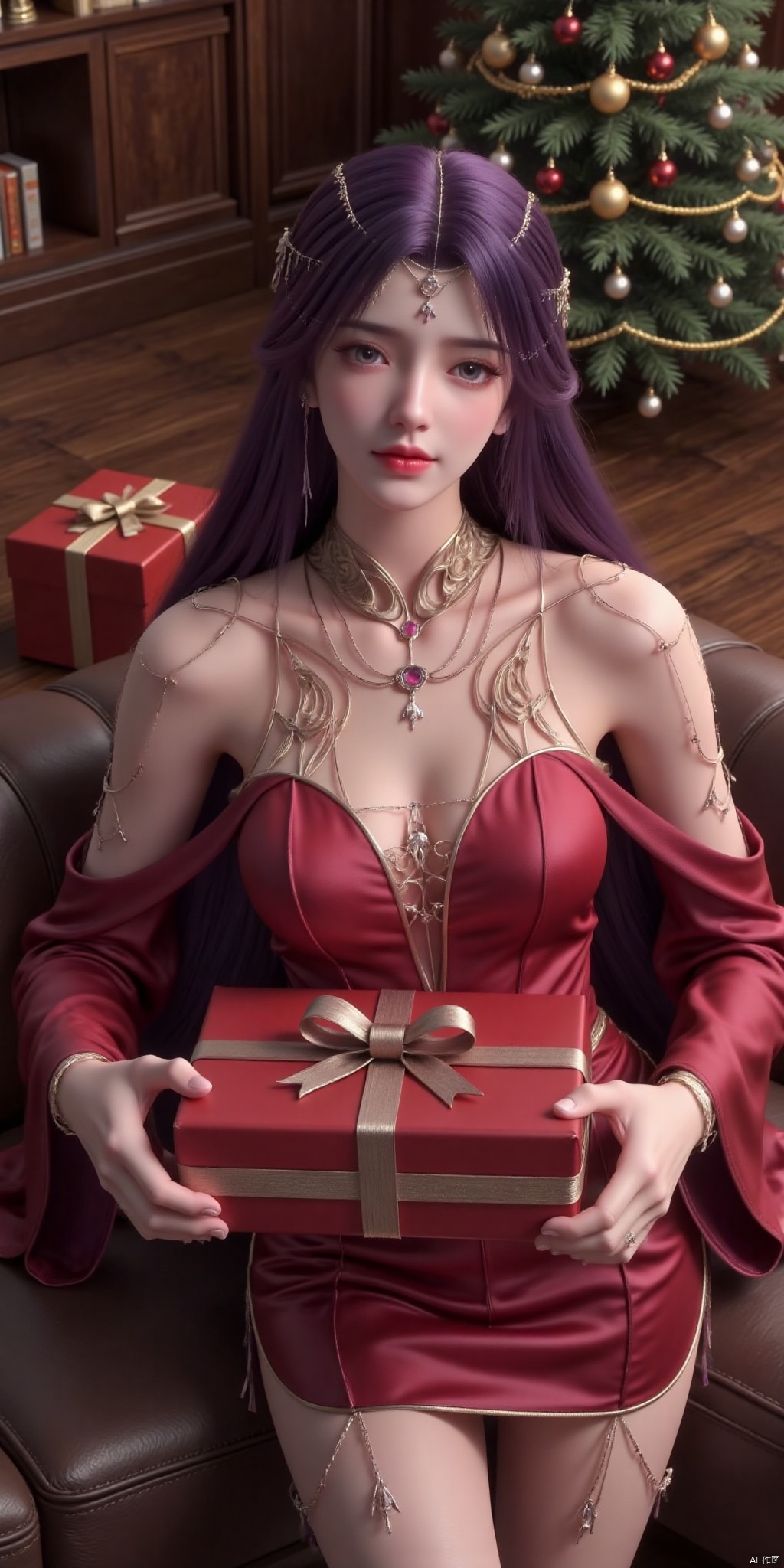 ,Realistic photo, ((1 girl inside huge Christmas gift box)), , fair skin, big breasts, off-shoulder Christmas dress, luxury living room, Christmas tree, Christmas, top view,purple_hair,yunxi