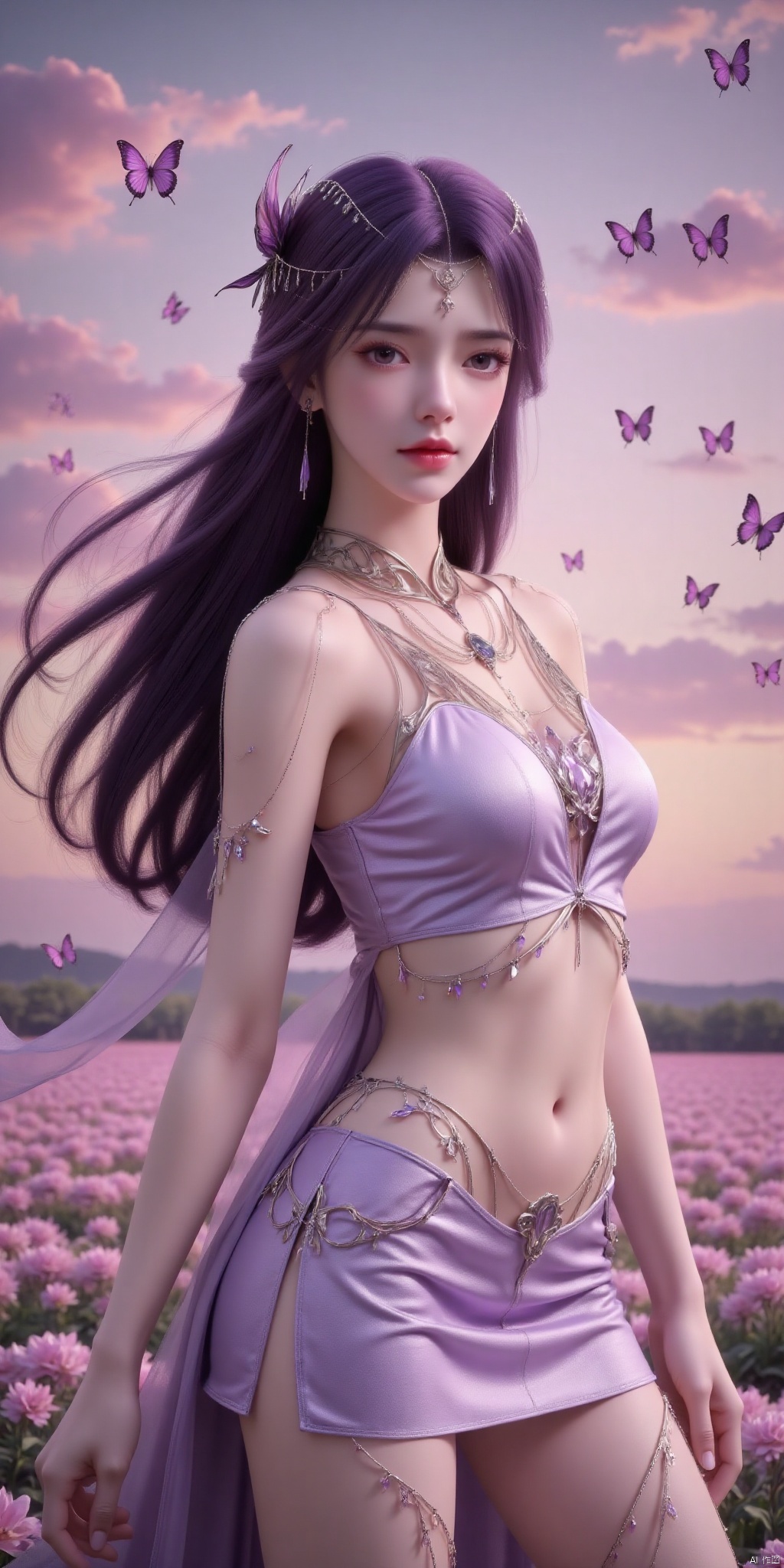 提示(masterpiece, best quality, ultra-detailed, highres, best illustration),1girl,solo,cowboy shot,looking_at_viewer, side lighting,lustrous skin,(shine),(shiny skin, cetlic elements, norse heritage),ray tracing,wind swept hair,detailed hair,detailed face,depth_of_field,very detailed background,extreme light and shadow,(detailed eyes),perfect anatomy,,dynamic angle,1girl,((sea of pink flowers,with butterflies everywhere.,fluttering butterflies in the sky,colorful auspicious clouds,)), Short top,ultra short skirt ,yunxi,purple_hair