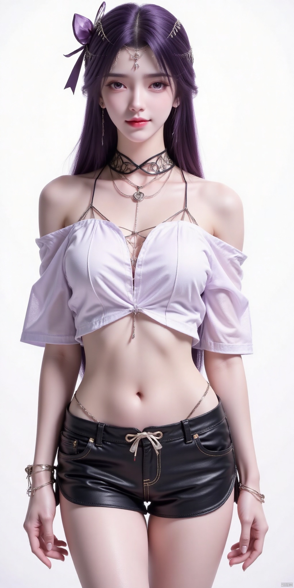 yunxi,nai3, 1girl, shorts, solo, crop top, black shorts, choker, navel, shirt, midriff, crop top overhang, looking at viewer, white shirt, jewelry, breasts, cowboy shot, bare shoulders, short shorts, off-shoulder shirt, off shoulder, black choker, thighs, stomach, hand on own thigh, long hair, bracelet, short sleeves, ribbon, hand up, collarbone, hair ribbon, medium breasts, standing, high-waist shorts, dolphin shorts, bra strap, , hair ornament, thigh gap, necklace, expressionless, , , yunxi,purple hair,purple eyes,kind smile