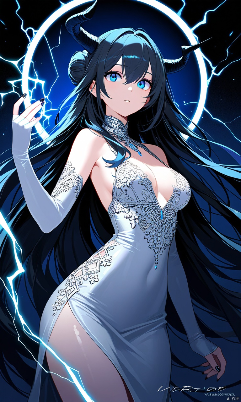 illustration, masterpiece, best quality, extremely detailed, wallpaper, 8k, mysterious, vivid color, shiny, best quality, intricate, good anatomy, beautiful lighting, 1girl, blue_eyes, double_bun, dress, elbow_gloves, electricity, gloves, hair_between_eyes, horns, lightning, long_hair, nail_polish, solo, cowboy shot, wide shot, volumetric lighting, detailed eyes,