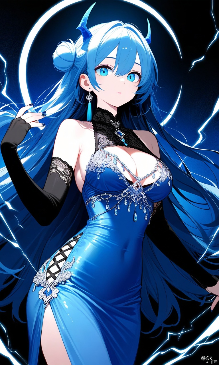 illustration, masterpiece, best quality, extremely detailed, wallpaper, 8k, mysterious, vivid color, shiny, best quality, intricate, good anatomy, beautiful lighting, 1girl, blue_eyes, double_bun, dress, elbow_gloves, electricity, gloves, hair_between_eyes, horns, lightning, long_hair, nail_polish, solo, cowboy shot, wide shot, volumetric lighting, detailed eyes,
