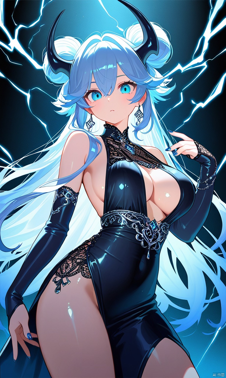illustration, masterpiece, best quality, extremely detailed, wallpaper, 8k, mysterious, vivid color, shiny, best quality, intricate, good anatomy, beautiful lighting, 1girl, blue_eyes, double_bun, dress, elbow_gloves, electricity, gloves, hair_between_eyes, horns, lightning, long_hair, nail_polish, solo, cowboy shot, wide shot, volumetric lighting, detailed eyes,