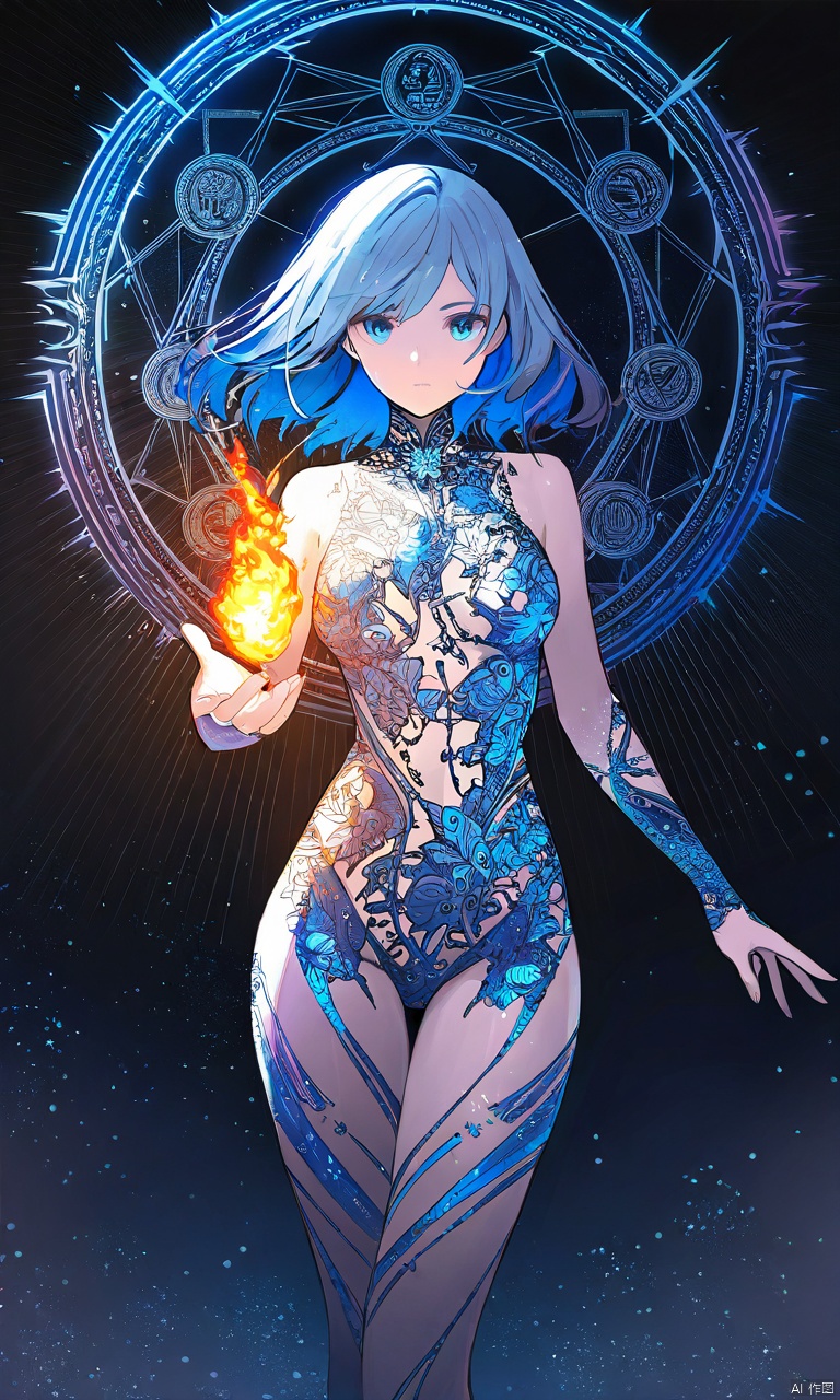 illustration, masterpiece, best quality, extremely detailed, wallpaper, 8k, mysterious, vivid color, shiny, best quality, intricate, good anatomy, beautiful lighting, 1girl, open hand, blue hair, fire, magic circle, light particles, light rays, Magic Circle, cowboy shot, wide shot, volumetric lighting, detailed eyes,