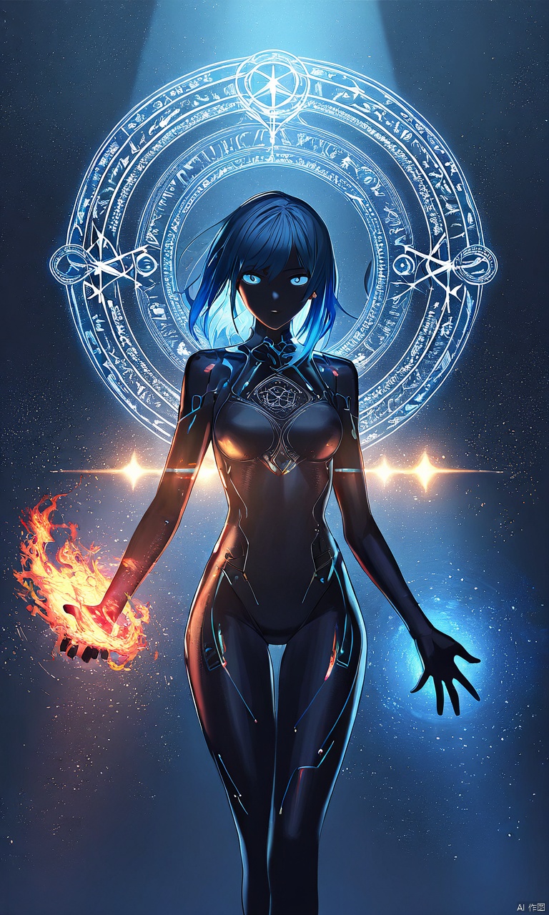 illustration, masterpiece, best quality, extremely detailed, wallpaper, 8k, mysterious, vivid color, shiny, best quality, intricate, good anatomy, beautiful lighting, 1girl, open hand, blue hair, fire, magic circle, light particles, light rays, Magic Circle, cowboy shot, wide shot, volumetric lighting, detailed eyes,