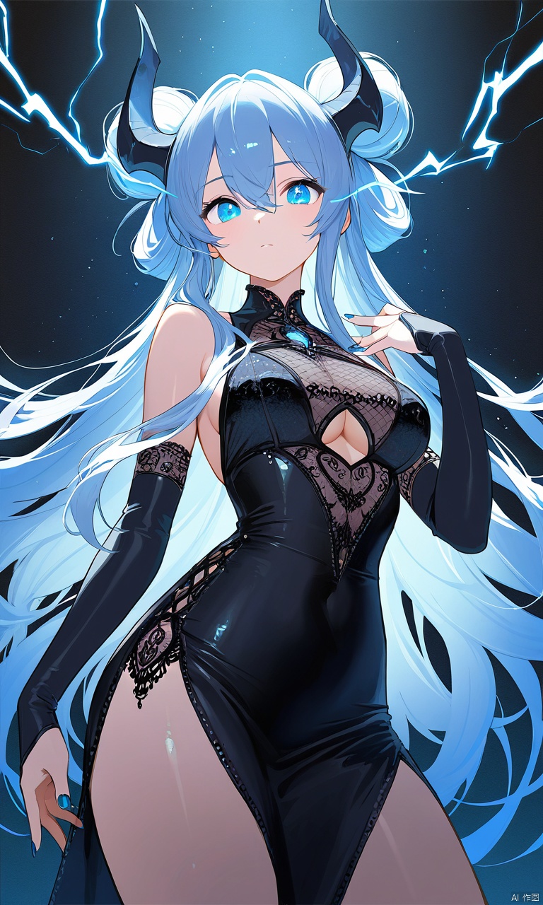 illustration, masterpiece, best quality, extremely detailed, wallpaper, 8k, mysterious, vivid color, shiny, best quality, intricate, good anatomy, beautiful lighting, 1girl, blue_eyes, double_bun, dress, elbow_gloves, electricity, gloves, hair_between_eyes, horns, lightning, long_hair, nail_polish, solo, cowboy shot, wide shot, volumetric lighting, detailed eyes,