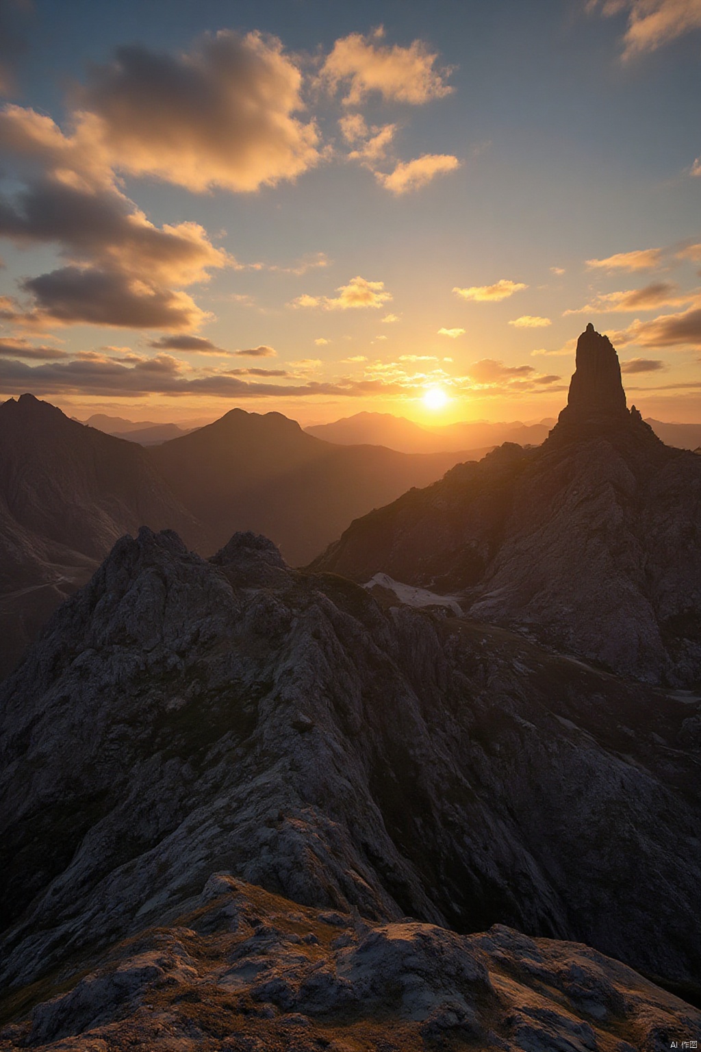 A majestic sunset landscape with a serene outdoor setting. Capture the warm glow of the setting sun casting long shadows across the rugged mountain terrain, where a towering pillar-like statue stands tall amidst the scenic vista. Soft clouds drift lazily across the sky, while the distant peaks are bathed in a golden light, creating an awe-inspiring scenery without any human presence.
