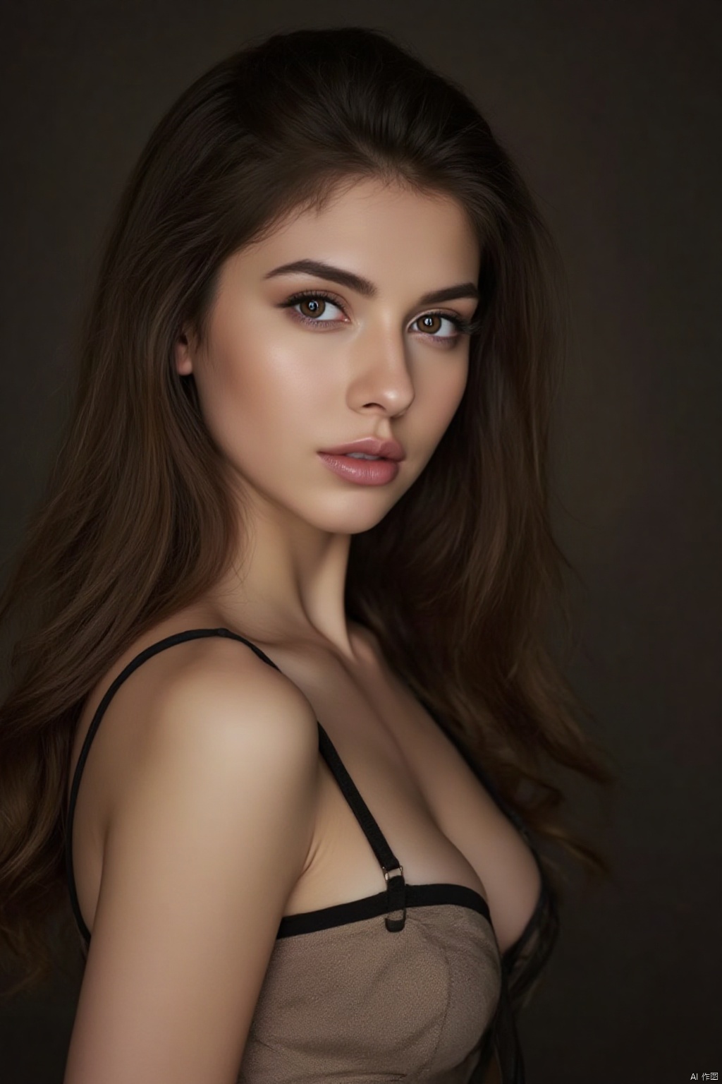 A solo portrait of a young woman with long, brown hair cascading down her back and bare shoulders. Her piercing brown eyes lock onto the viewer's gaze as she confidently stands, her small breasts subtly defined beneath her skin. A delicate collarbone and toned upper body are showcased. Her lips are slightly parted, inviting attention to her striking features. A strap slips down one shoulder, drawing the viewer's focus to the gentle curve of her breast.,Light Master