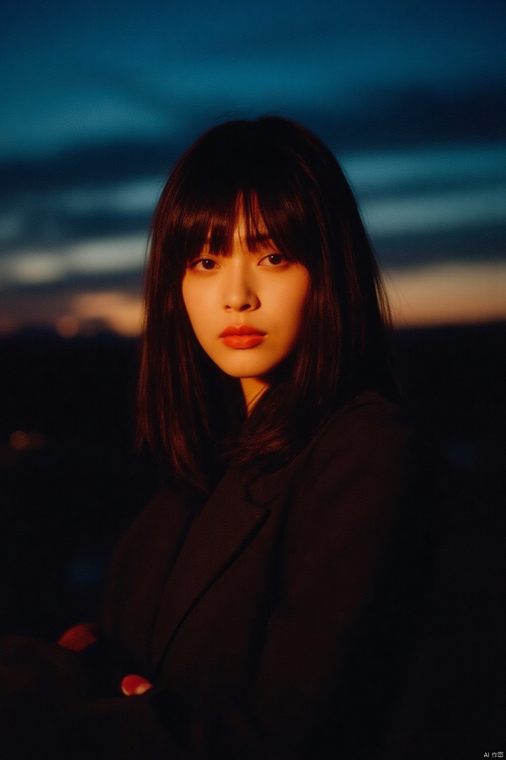 A Wong Kar Wai-inspired masterpiece! A half-body shot of a stunning young woman, captured with a Fujifilm 100mm lens, under the twilight setting's soft blue glow. Her straight, long black hair cascades down her shoulders, its layers expertly framed by the camera. Bangs veil her face, adding to the enigmatic aura. Her porcelain skin glows, high nose and full red lips exuding a cool, charming mystique. The blurred background hints at a car setting, dimly lit with an outside light source casting a warm glow. The overall color palette is understated, yet the film grain texture imbues the image with a timeless quality. In this quiet atmosphere, the subject's concept clothing and garment draping evoke a sense of sophistication and mystery.