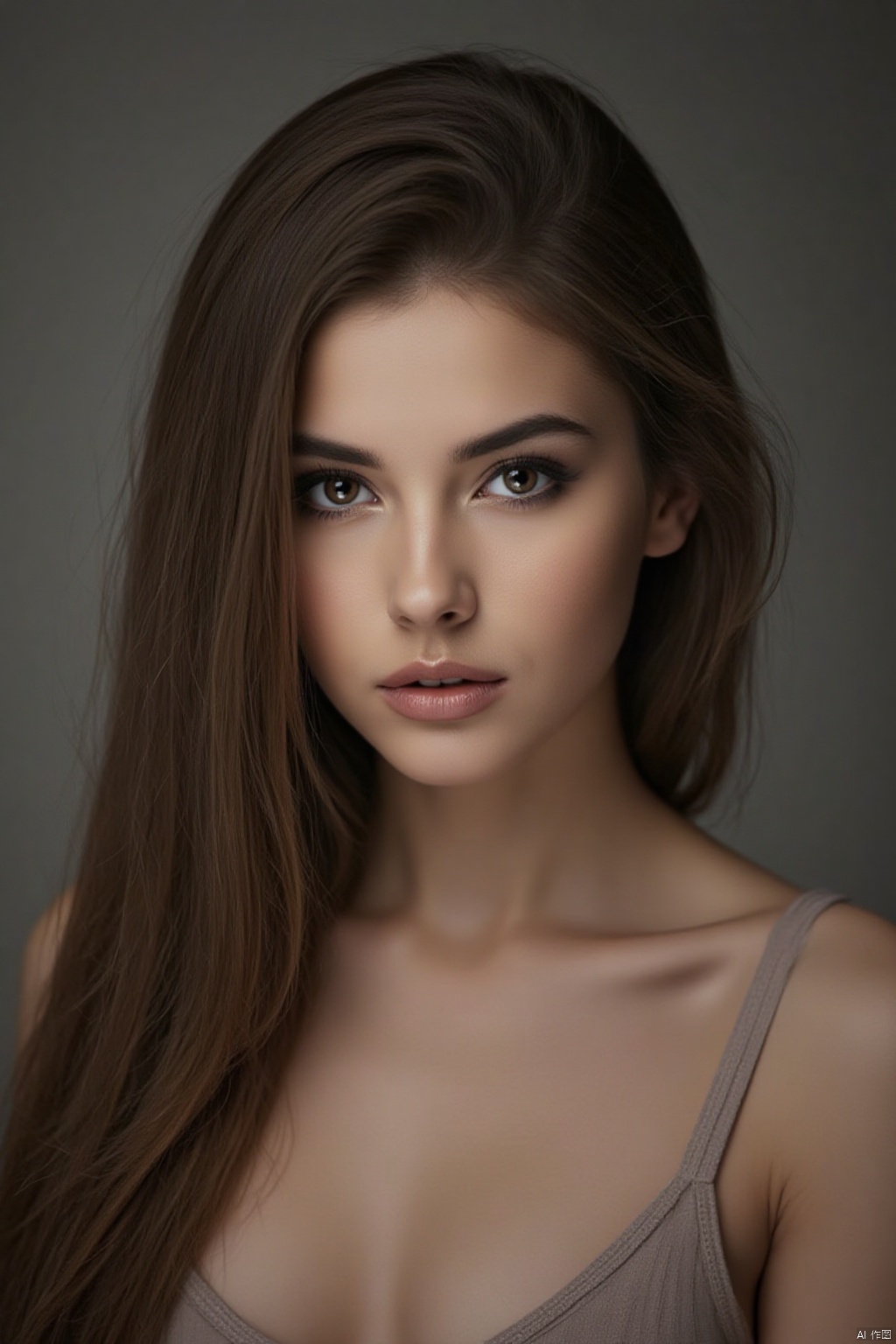 A solo portrait of a young woman with long, brown hair cascading down her back and bare shoulders. Her piercing brown eyes lock onto the viewer's gaze as she confidently stands, her small breasts subtly defined beneath her skin. A delicate collarbone and toned upper body are showcased. Her lips are slightly parted, inviting attention to her striking features. A strap slips down one shoulder, drawing the viewer's focus to the gentle curve of her breast.,Light Master
