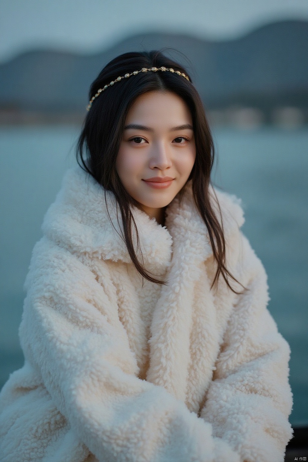 a girl for cgart_mayfly\(model\) test, in (pure white:1.5) dress, long hair cascading over her shoulders, winter hanfu, fur collar,(looking_at_viewer),smile. BREAK, adorned with a golden headband on her hair, which shone even more brilliantly in the snow. Her attire was like that of a fairy woman. she was only around 15 or 16 years old, with skin as white as snow, delicate and beautiful beyond words. BREAK,Snow, Edge lighting, the traditional Chinese boat, 35mm photograph, shot by Leica M50 f/2.8
