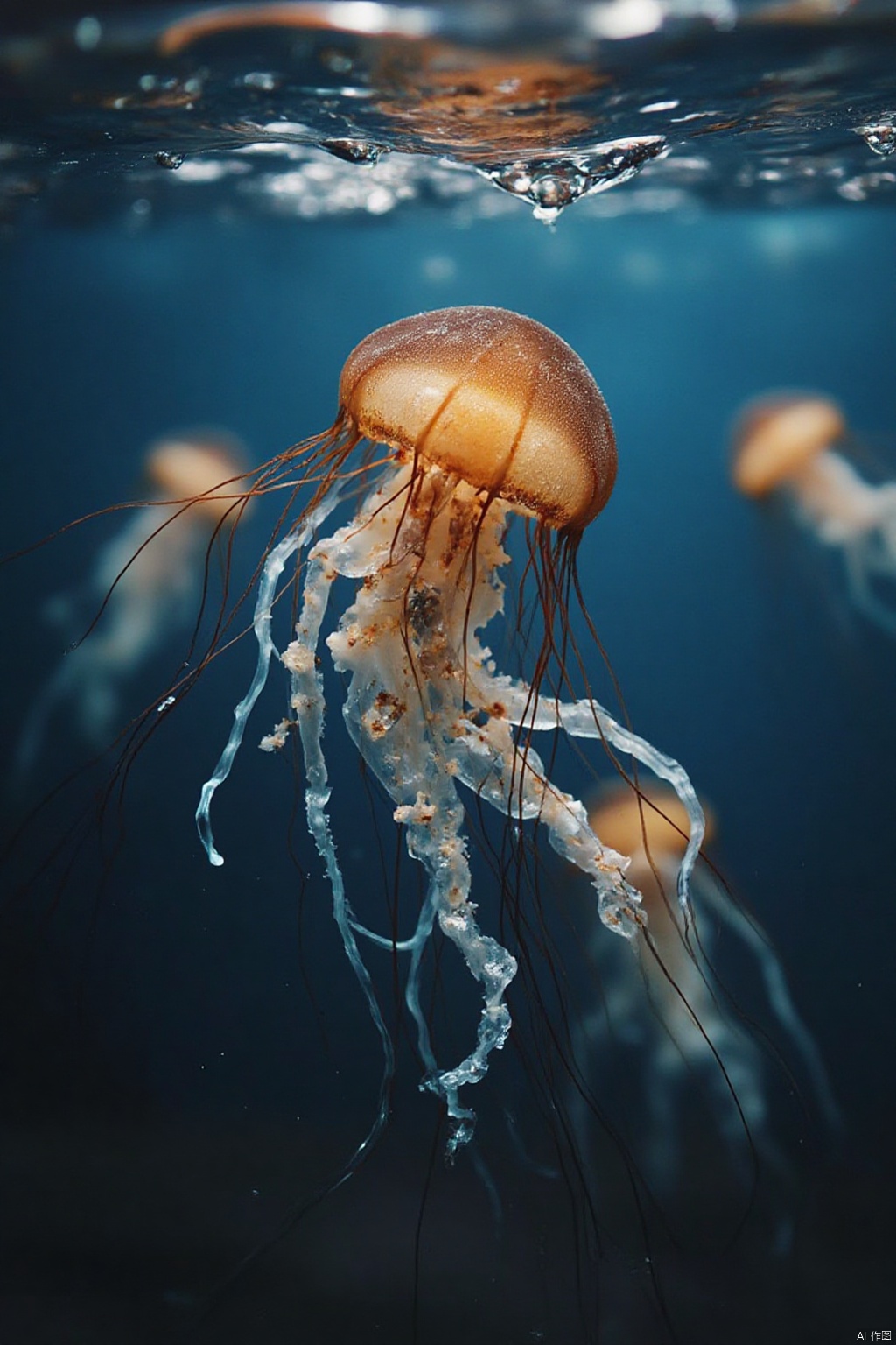 poster,a few jellyfish,no humans,water splashing,food focus,depth of field,blurry,(simple background), masterpiece,best quality, SGST 