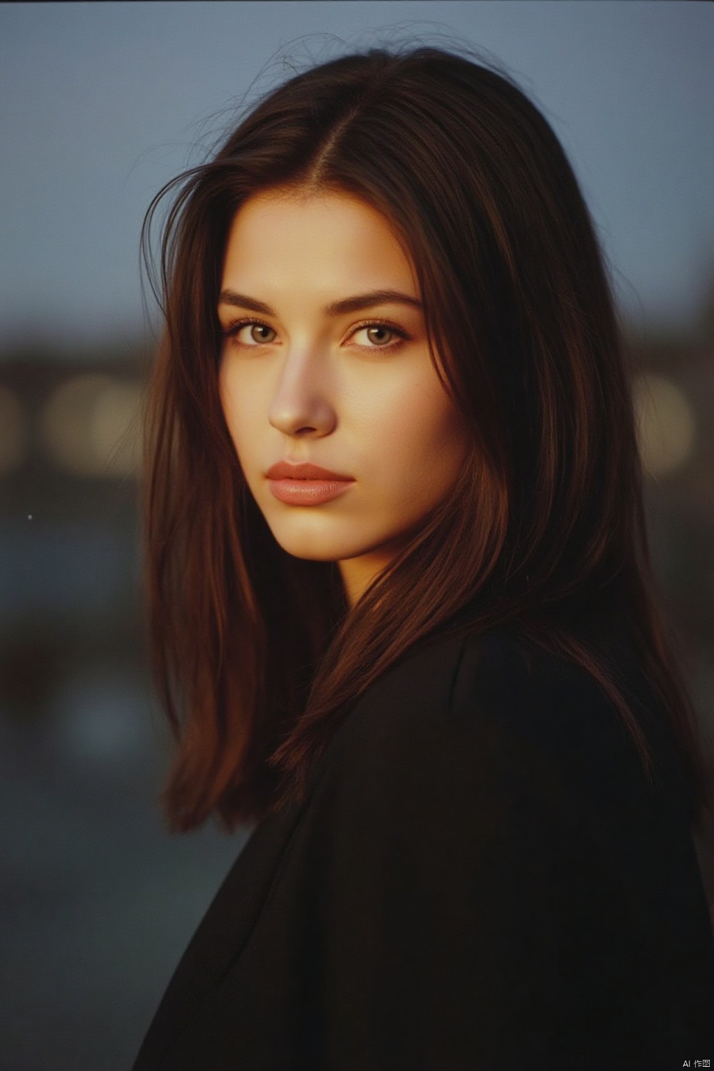 A young woman with long brown hair, gazing directly into the camera lens. Her upper body is positioned prominently against a blurry outdoor backdrop, allowing her features to take center stage. Her full lips are painted a subtle shade, drawing attention to their natural shape and curve as she looks straight at the viewer.,Light Master