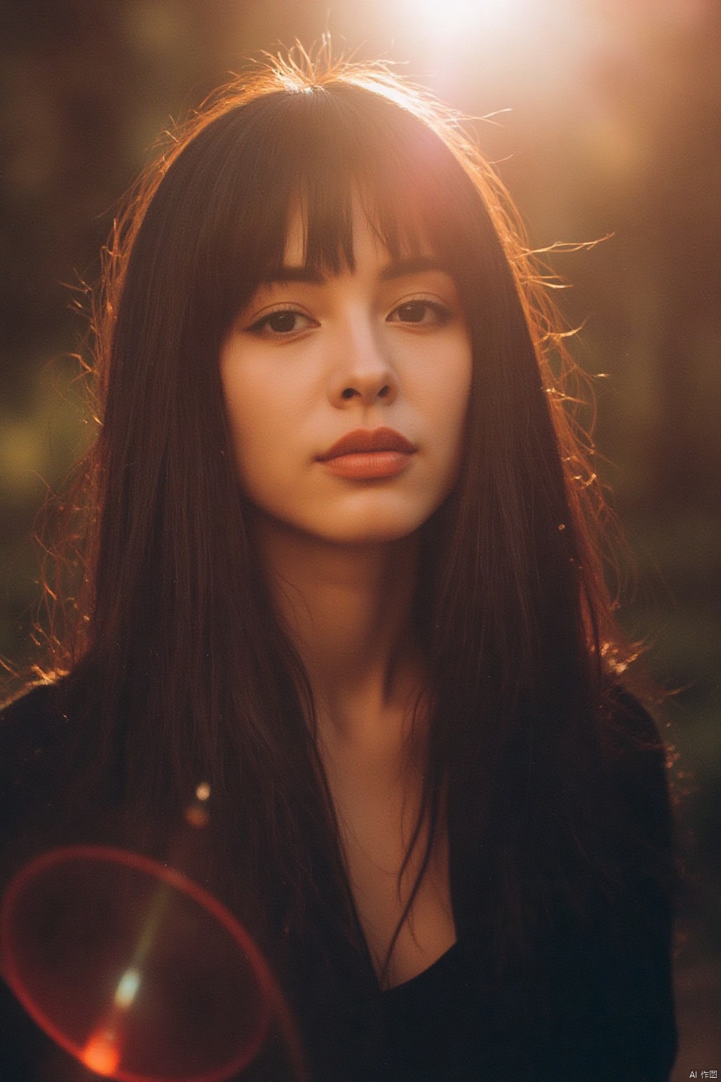 A solo portrait of a girl with long, black hair and blunt bangs framing her face. Her eyes gaze directly at the viewer, lips closed, nose slightly upturned. Soft sunlight illuminates her upper body, casting a warm glow on her features. The lens flare adds a touch of realism, while the blurred background creates depth. Her long locks fall gently around her shoulders, accentuating her beauty.