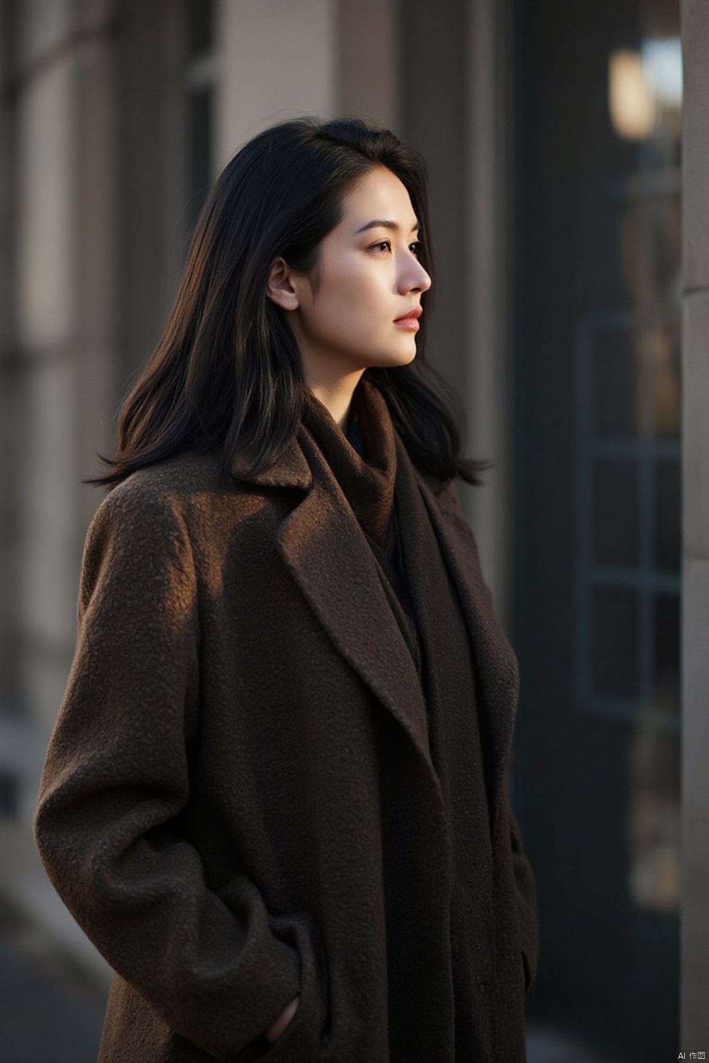 A solo female figure stands with her long, black hair cascading down her back. She wears a coat with long, flowy sleeves that extend past her wrists, and a scarf wrapped around her neck. Her upper body is the focus of the shot, captured in profile from the side. The image is rendered in realistic detail, with a blurred background to emphasize the subject's features. Her nose is prominent, one of several defining characteristics.