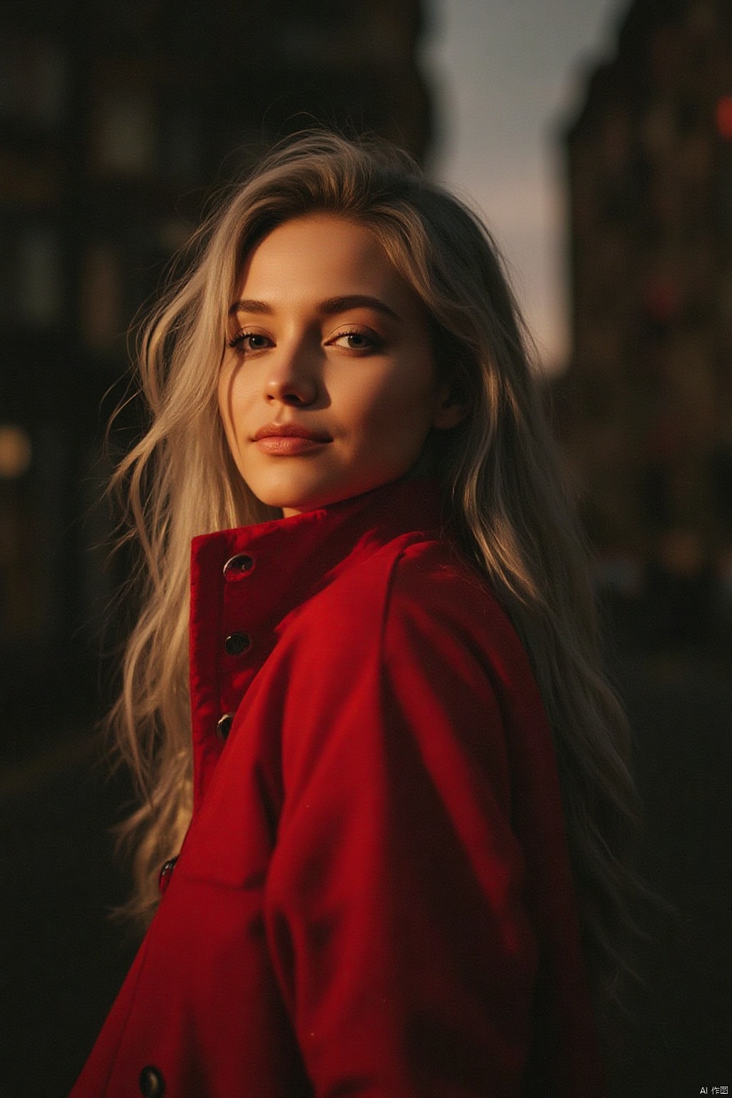 photorealistic of a cute girl in red\(smile, messy long silver hair\), detailed skin and face, shadow, cinematic, shot from side, look back, street, surrealistic, sense of reality, very realistic, very realistic, intense contrast of light and shadow, shot with Leica M50, f/1.8