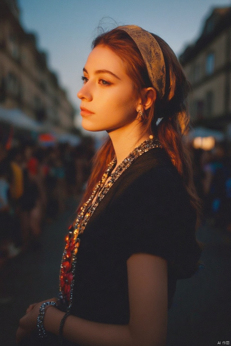 a girl,gypsy girl,wandering,complicated old clothes,(natural colors, correct white balance, color correction, dehaze,clarity),RAW photo,full sharp,wallpapper 8k uhd,dslr,soft lighting,high quality,Fujifilm XT3,european,red hair,outdoor,noisy street,a small pointed nose,at the flea market,many people gathered,beautiful,tall slim,sexy,in france,dark tone,movie screen,magazine,dressed in bohemian handmade traditional costumes,the beige lace headscarf tied up the hair,head wearing a beautiful flower,standing in the shadows,strong light and dark contrast,the body has a complicated handmade ornament necklace bracelet,long necklace with big decorations,