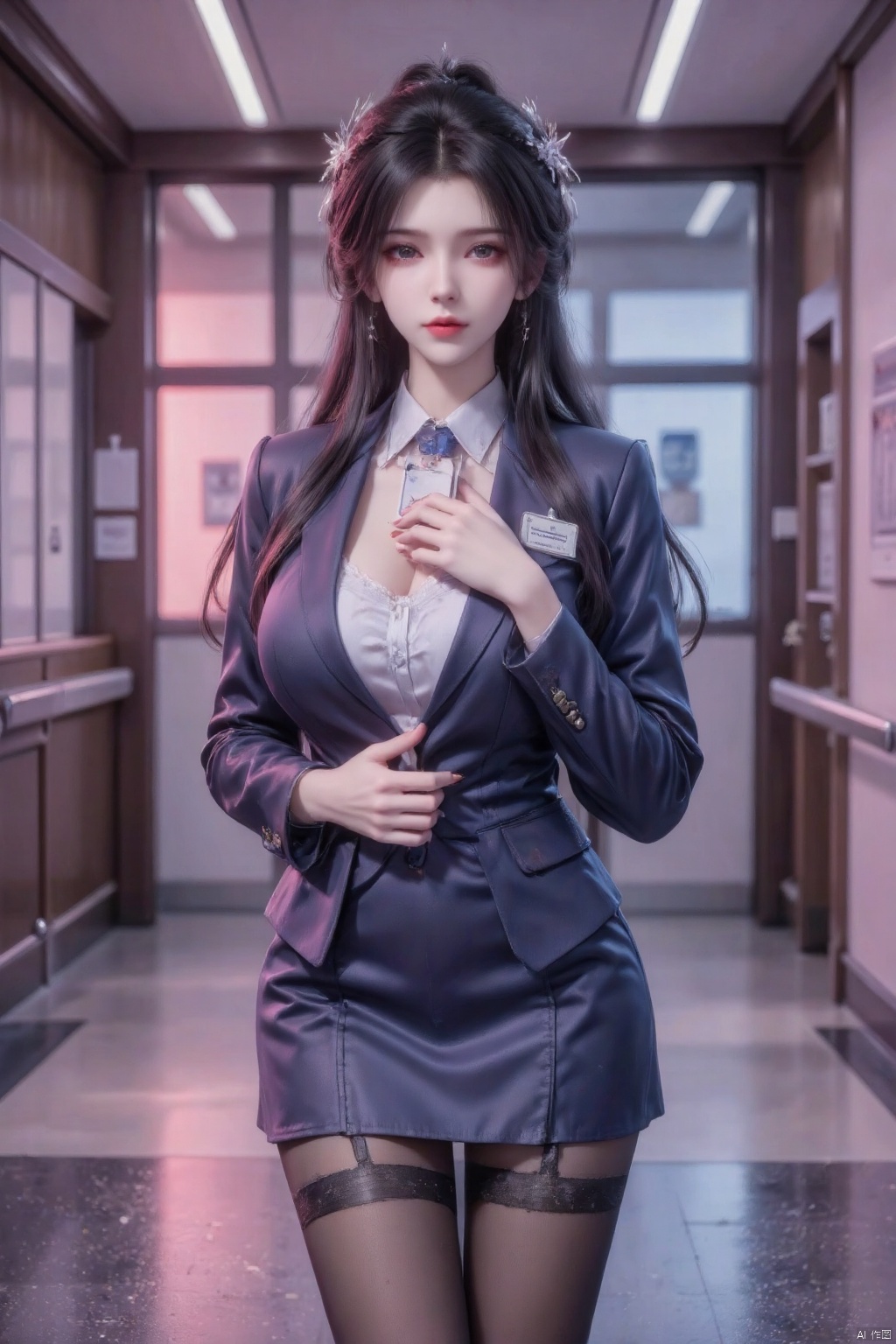 Masterpiece, the best quality, high quality, (colorful) , big breasts,,(black hair:1.4),(long legs:1.3), (cowboy_shot), (Good structure), DSLR Quality,Depth of field , AA girl with purple hair, big breasts, student uniform, JK suit, perfect figure, long legs, knee-high stockings, (holding ID card in front of her chest with both hands), standing