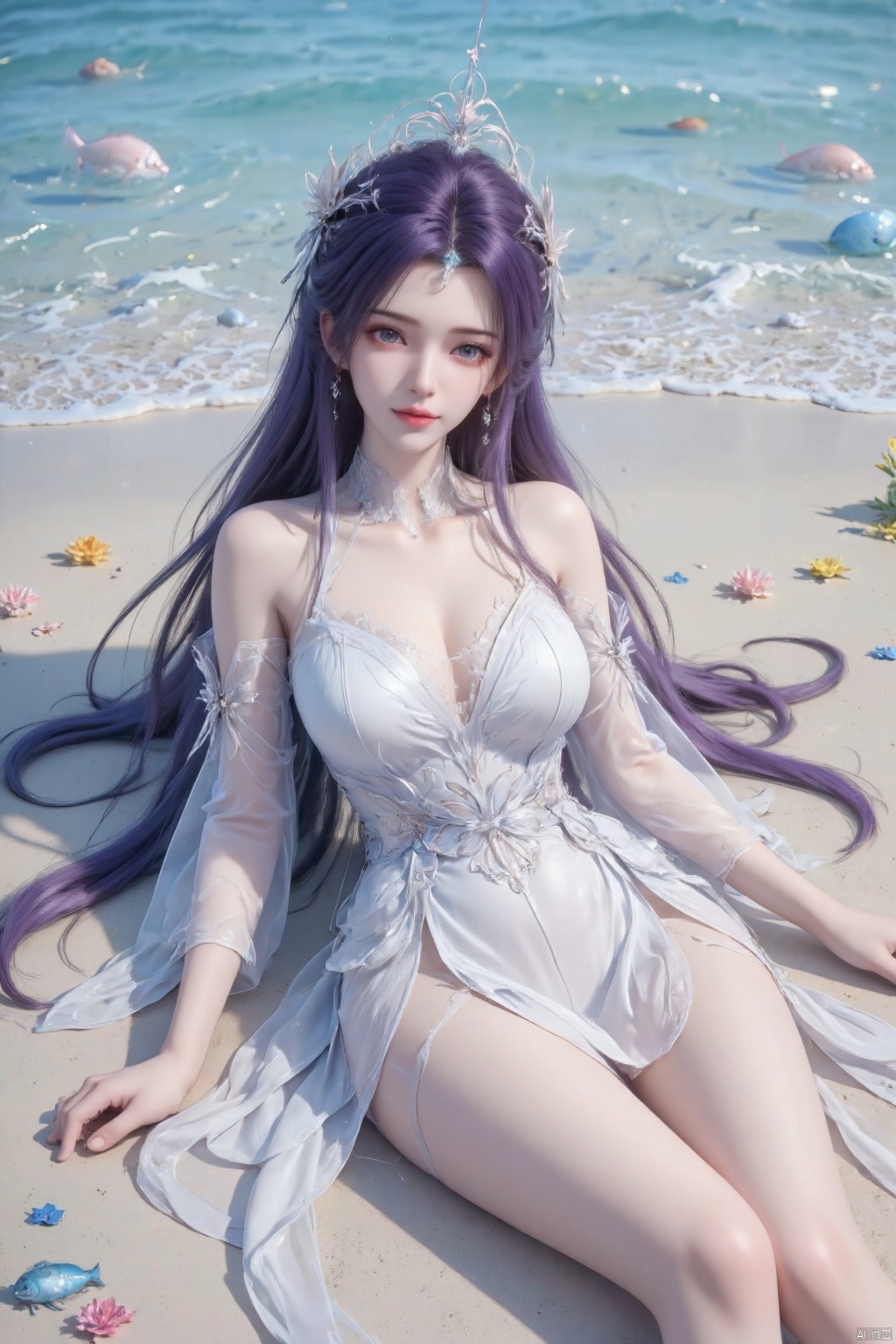 Masterpiece, the best quality, high quality, (colorful) , big breasts,,(purple hair:1.4),(long legs:1.3), (1girl:0.6),thin,very long hair,(blue hair),white hair ends,small breasts,sea blue eyes,closed mouth,white dress,([coral like hairpin]),happy,bubble,fish,sand,seabed,full body,masterpiece,best quality,official art,extremely detailed CG unity 8k wallpaper,vibrantProj,1girl,cozy animation scenes