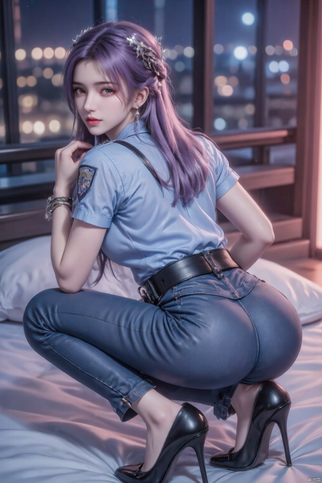 Masterpiece, the best quality, high quality, (colorful) , big breasts,,(purple hair:1.4),(long legs:1.3),A young woman, alone, with long hair, breasts visible, looking at the audience, blonde, large breasts, wearing a shirt, jewelry, with closed mouth, in underwear, full body, blue shirt, black belt, blue pants, police, police uniform, policewoman, plump buttocks, short sleeves, hair band, earrings, outside, daytime, waist, looking, tight jeans, (view from behind: 1.4), black shoes, blurry, high heels, bracelet, lips, full body, blurry background, view, crouching, denim, jeans, bedroom