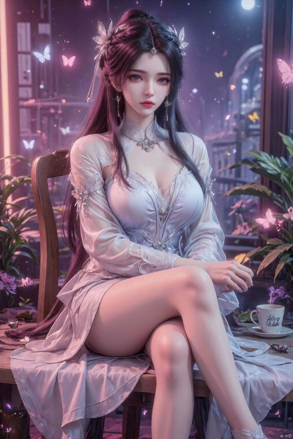 Masterpiece, the best quality, high quality, (colorful) , big breasts,,(purple hair:1.4),(long legs:1.3),1girl, solo, long hair, black hair, long sleeves, dress, holding, sitting, braid, indoors, white dress, english text, cup, window, chair, bug, plant, butterfly ,
eye trail,backlighting,depth of field,cinematic lighting,light particles,lens flare,
(artist:quasarcake:0.8),extreme aesthetic,(wlop:0.6),honjou honjou raita,lack,rella,wanke,
raita,lack,rella,wanke,masterpiece,best quality,good quality,newest,year 2024,year 2023,very aesthetic,absurdres,Visual impact,A shot with tension,
ultra-high resolution,32K UHD,sharp focus,best quality,masterpiece,Emotionalization,unconventional supreme masterpiece,masterful details,temperate atmosphere,with a high end texture,in the style of fashion photography,
(Visual impact:1.2),giving the poster a dynamic and visually striking appearance,impactful picture,offcial art,colorful,splash of color,movie perspective,
masterpiece,best quality,amazing quality,very aesthetic,absurdres,best quality,newest,crossed legs,as ghost mode,gylm