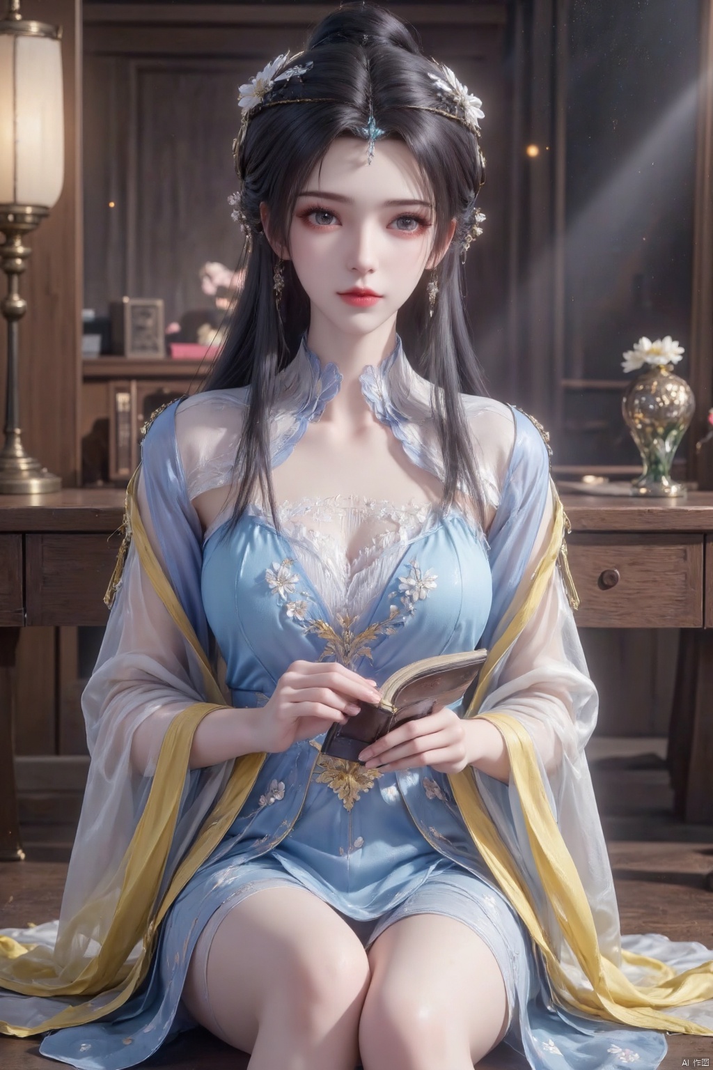 Masterpiece, best quality, high quality, (colorful), small chest, (blue hair: 1.4), (long legs: 1.3), (thin legs: 1.3),(Perfect Eyeshanfu:1.7),hanfu,she is sitting in the room,reading the book,the woman has her hair styled in an intricate updo,adorned with a floral accessory,she is wearing a light blue and yellow hanbok with a white floral pattern,the dress has long sleeves and a see-through design,she is  looking directly at the viewer,the overall ambiance of the image is serene and picturesque,evoking a sense of tranquility and beauty,closed mouth,lens_flare,reality_ray_tracing,best quality,masterpiece,realistic,best quality,