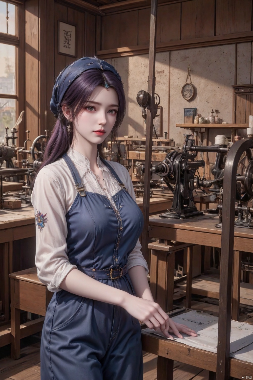 Masterpiece, the best quality, high quality, (colorful) , big breasts,,(purple hair:1.4),(long legs:1.3),In a vintage textile workshop filled with historical charm, rows of old spinning machines hum rhythmically. A weaver stands before one of the machines, focused on her work. She wears a deep blue headscarf that tightly wraps around her head, with only a few strands of hair escaping. Her clothing is a simple cotton work outfit, with rolled-up sleeves that reveal her industrious and unadorned nature. Her eyes are steady, reflecting her love for and dedication to her craft. The entire scene is rendered in warm tones with realistic brushstrokes, creating a warm and nostalgic atmosphere that highlights the beauty and dignity of labor.