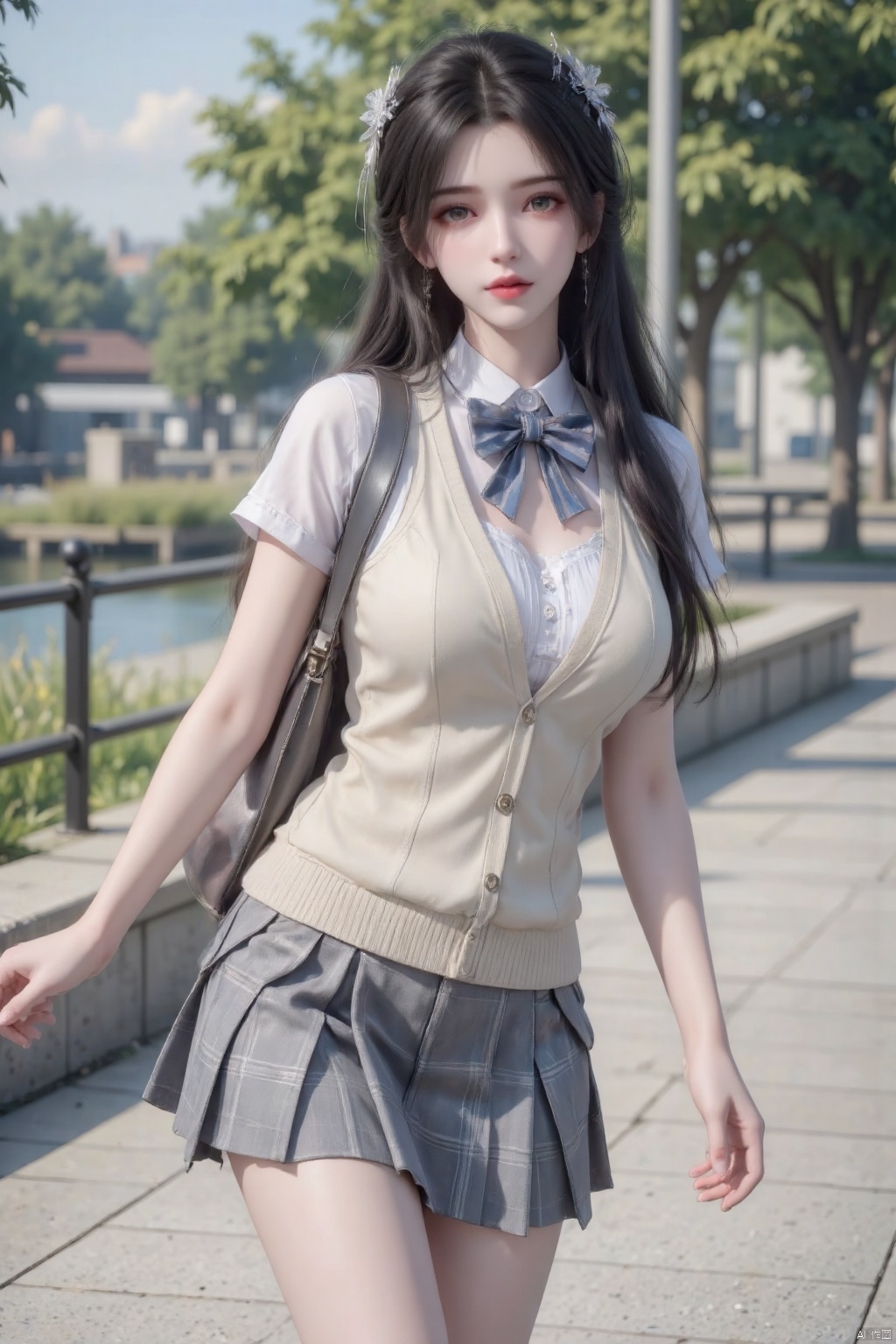 Masterpiece, the best quality, high quality, (colorful) , big breasts,,(black hair:1.4),(long legs:1.3), (cowboy_shot), (Good structure),masterpiece,best quality,high quality,loli,(artist:ningen_mame:0.9),(artist:sho_(sho_lwlw):0.9),(artist:rhasta:0.9),(artist:wlop:0.7),(artist:ke-ta:0.6),Artist himitsu_\(hi_mi_tsu_2\),(tianliang duohe fangdongye:0.5),(hiten \(hitenkei\):0.6),1girl, solo, skirt, green hair, green eyes, school uniform, looking at viewer, bag, long hair, outdoors, plaid skirt, pleated skirt, bow, plaid, shirt, bowtie, blush, short sleeves, school bag, white shirt, blurry, blurry background, sweater vest, vest, cowboy shot, grey skirt, parted lips, striped bow, striped clothes