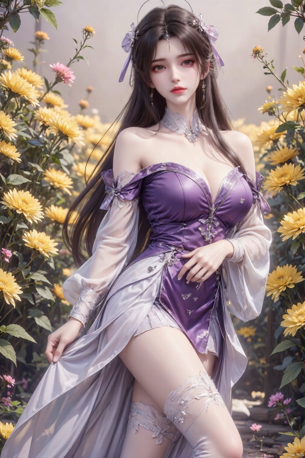 Masterpiece, the best quality, high quality, (colorful) , big breasts,,(purple hair:1.4),(long legs:1.3),masterpiece,best quality,high quality,(colorful),artist Alens, 1girl, solo, yellow_flower, long_hair, boots, flower, thighhighs, lace-up_boots, brown_hair, skirt, looking_at_viewer, cross-laced_footwear, brown_eyes, knee_boots, white_footwear, gloves, pleated_skirt, full_body, one_side_up, bangs, off_shoulder, garter_straps, holding, long_sleeves, white_thighhighs, standing, english_text, bare_shoulders, ribbon, parted_lips, hair_ribbon, white_gloves,(Artist:toosaka asagi),
