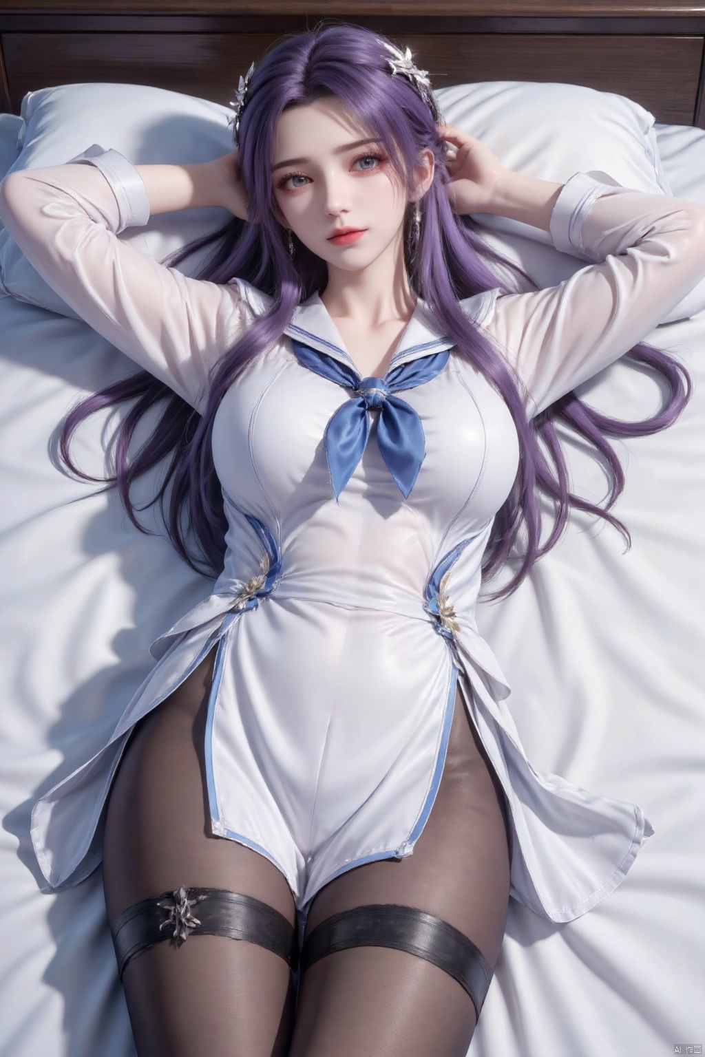 Masterpiece, the best quality, high quality, (colorful) , big breasts,,(purple hair:1.4),(long legs:1.3),1girl, solo, breasts, looking at viewer, blush, long hair, bangs, blue eyes, shirt, long sleeves, closed mouth, school uniform, white shirt, white hair, pantyhose, lying, serafuku, on back, sailor collar, arms up, neckerchief, black pantyhose, on bed, no pants, thighband pantyhose, white sailor collar, blue neckerchief