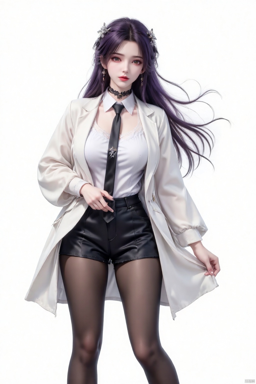 Masterpiece, the best quality, high quality, (colorful) , big breasts,,(purple hair:1.4),(long legs:1.3)1girl, solo, long hair, breasts, looking at viewer, bangs, simple background, shirt, long sleeves, white background, jewelry, closed mouth, jacket, yellow eyes, white shirt, white hair, pantyhose, earrings, necktie, choker, collared shirt, hand up, coat, black pantyhose, black choker, white jacket, black necktie, between legs, white coat