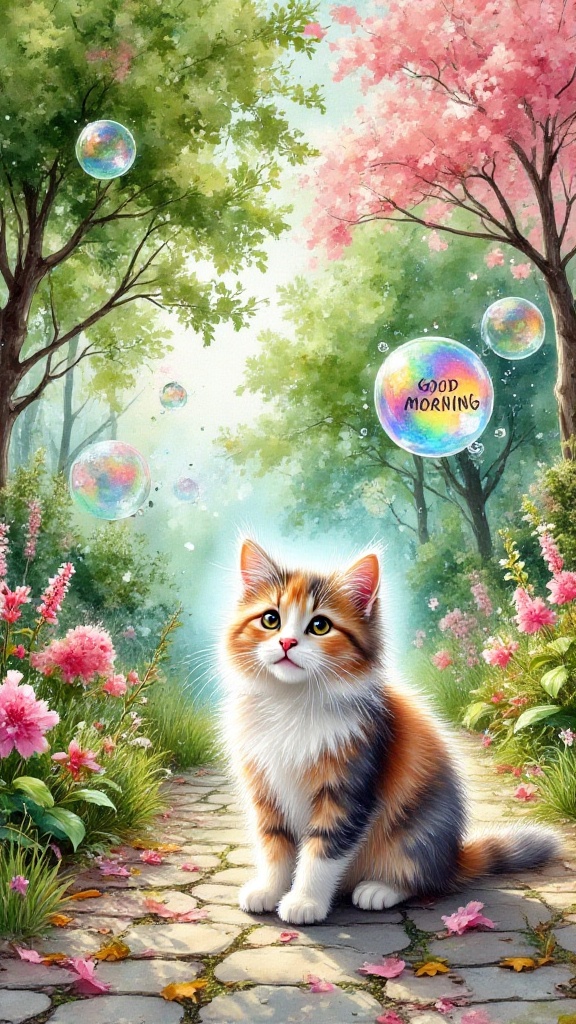 watercolor splash art with loose watercolour style,  a cute fluffy calico cat is sitting under a huge green tree with pink...