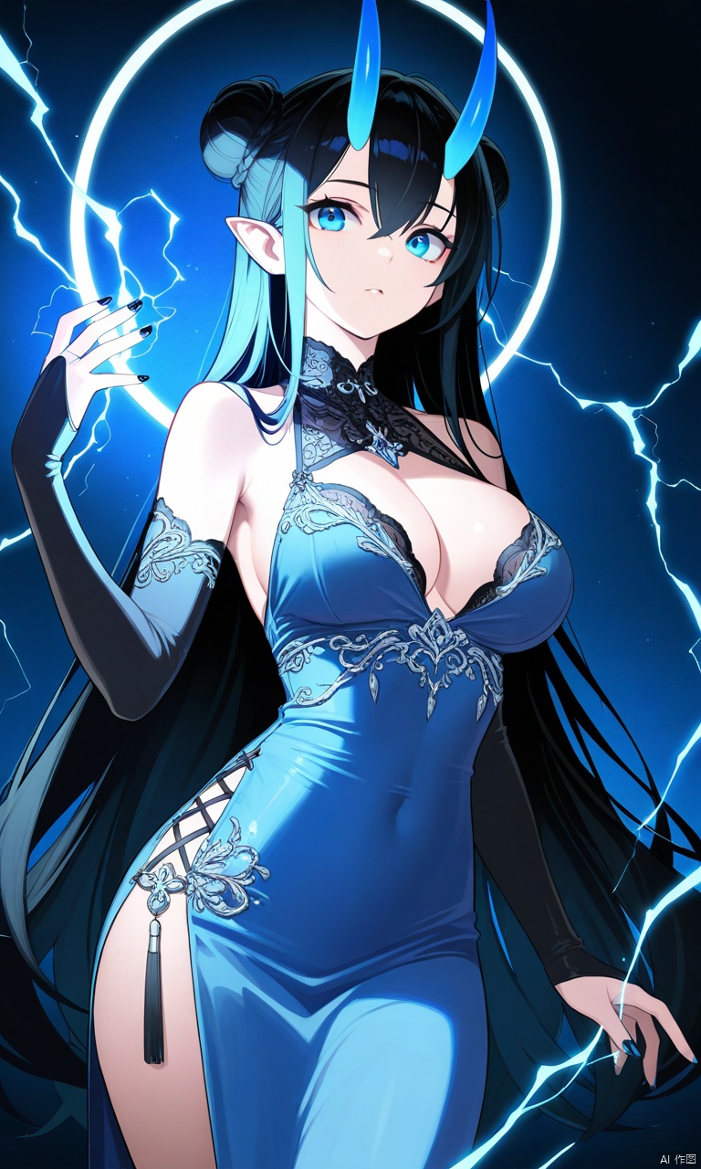 illustration, masterpiece, best quality, extremely detailed, wallpaper, 8k, mysterious, vivid color, shiny, best quality, intricate, good anatomy, beautiful lighting, 1girl, blue_eyes, double_bun, dress, elbow_gloves, electricity, gloves, hair_between_eyes, horns, lightning, long_hair, nail_polish, solo, cowboy shot, wide shot, volumetric lighting, detailed eyes,