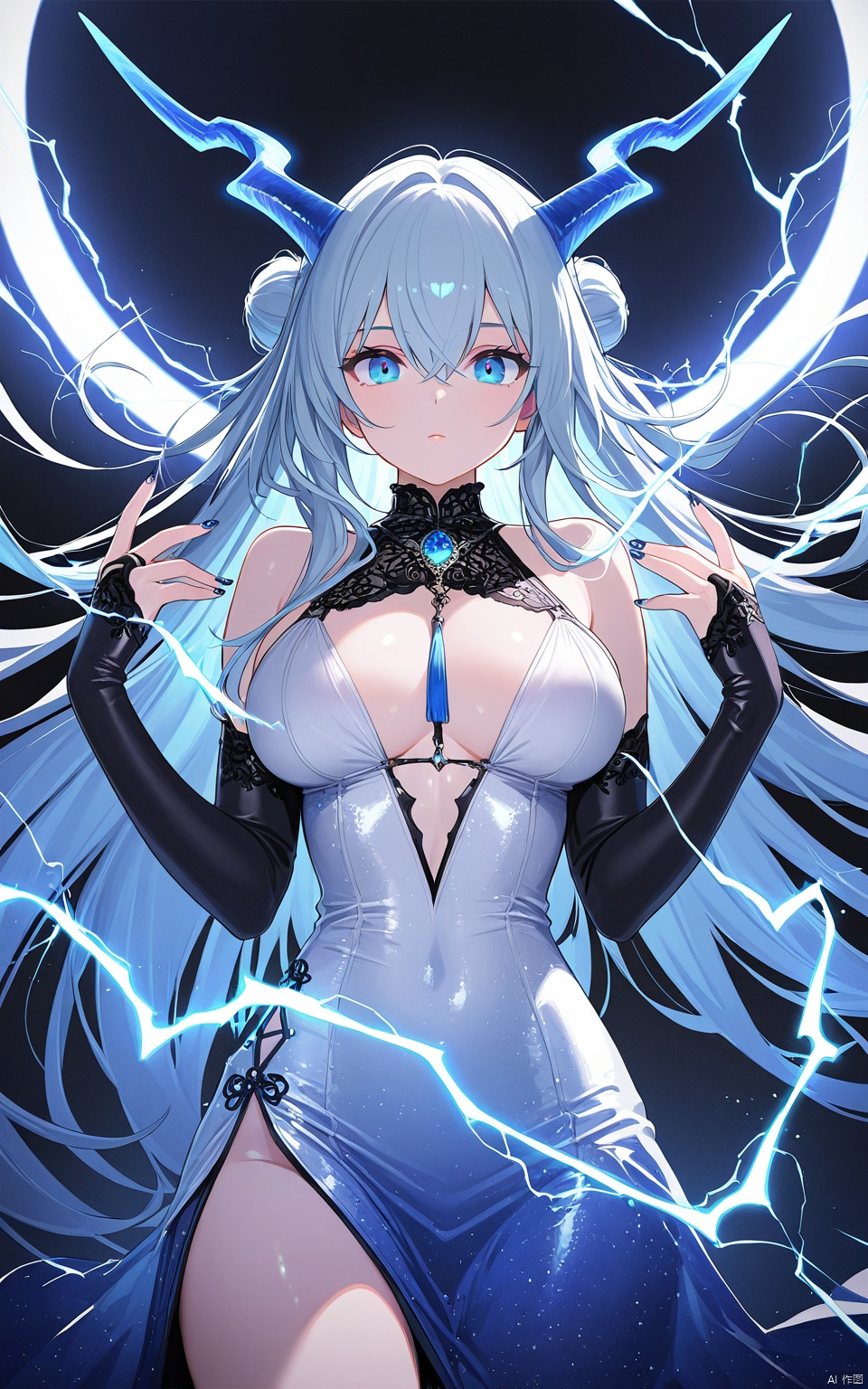 illustration, masterpiece, best quality, extremely detailed, wallpaper, 8k, mysterious, vivid color, shiny, best quality, intricate, good anatomy, beautiful lighting, 1girl, blue_eyes, double_bun, dress, elbow_gloves, electricity, gloves, hair_between_eyes, horns, lightning, long_hair, nail_polish, solo, cowboy shot, wide shot, volumetric lighting, detailed eyes,