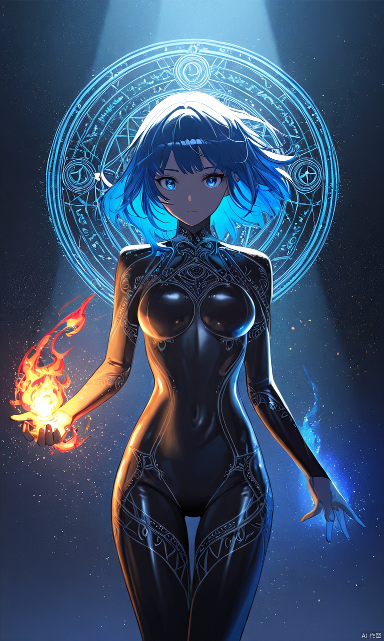 illustration, masterpiece, best quality, extremely detailed, wallpaper, 8k, mysterious, vivid color, shiny, best quality, intricate, good anatomy, beautiful lighting, 1girl, open hand, blue hair, fire, magic circle, light particles, light rays, Magic Circle, cowboy shot, wide shot, volumetric lighting, detailed eyes,