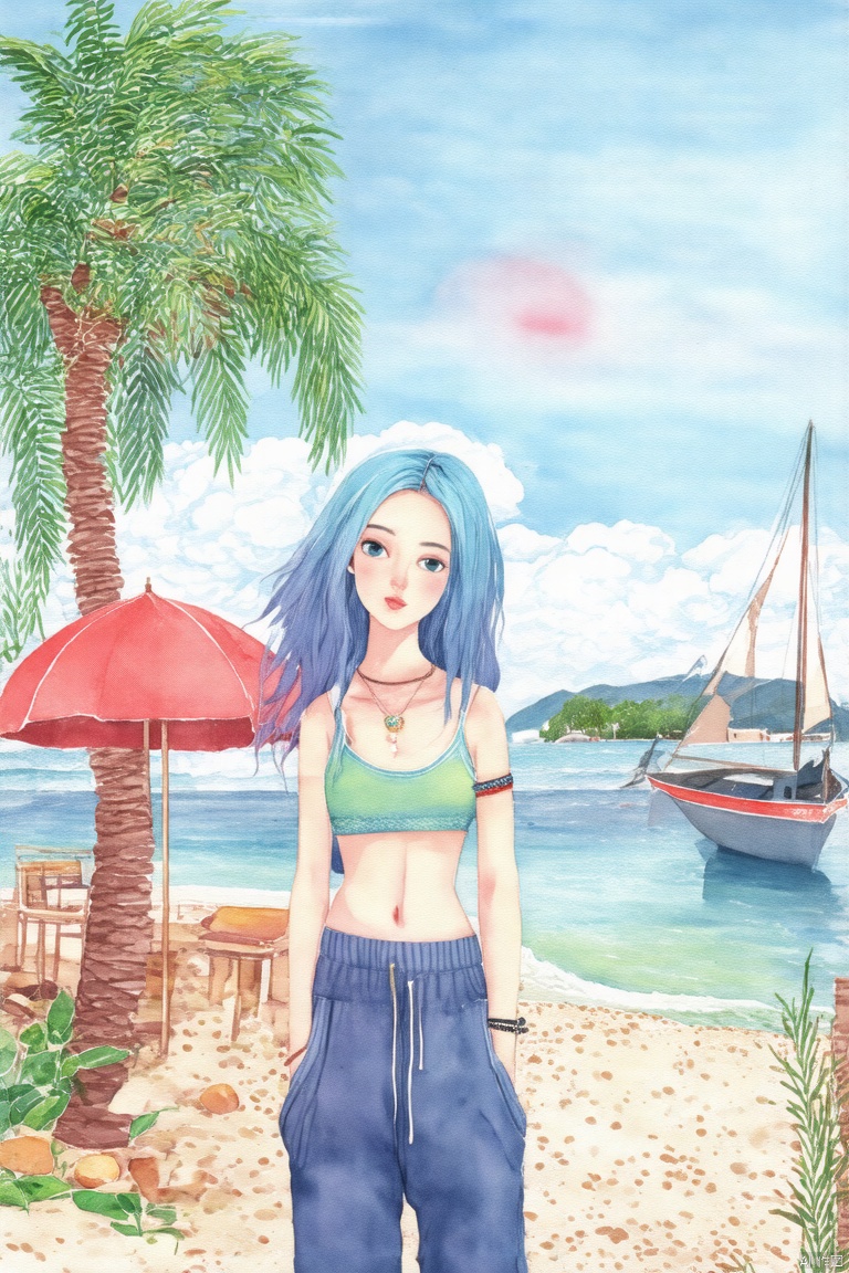 A solo girl with piercing blue eyes and vibrant blue hair poses confidently outdoors, surrounded by a serene beach scenery. She wears a crop top and pants, her navel adorned with a jewelry piece, and wristband on her left arm. Her gaze meets the viewer's as she stands beneath a palm tree, near a beach umbrella and boat docked in the calm ocean. The blue sky above is dotted with puffy clouds, with a picturesque island visible in the distance. The warm summer sun casts a gentle glow on her features.