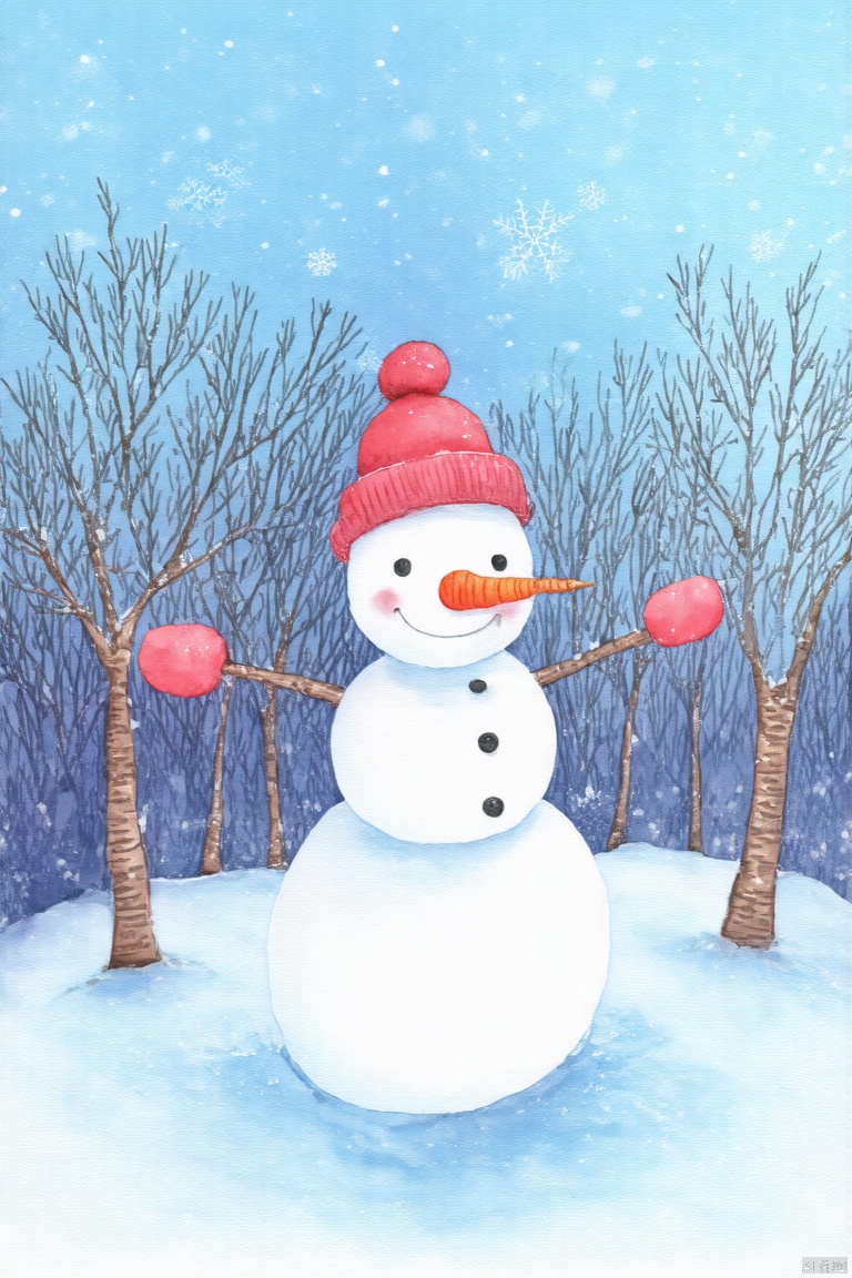 Snowman, winter scene, cartoon style, snowflakes, leafless trees, blue background, smile, carrot nose, red fluffy ball hat, branch arm, three black buttons, joyful atmosphere, light snow, pink, children's book illustration, illustration, digital art, natural, peaceful, seasonal, simple style, textured paper effect, rural, harmonious, soft colors, soft lighting, children's hand drawing, pencil drawing, illustration, bright colors, rich and colorful content, increased details, improved clarity, extremely high resolution
