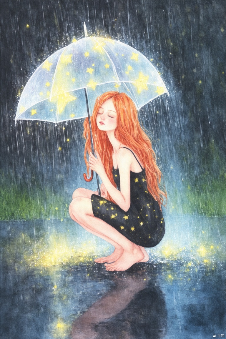 CGArt illustrator,renyu Color spot,renyu Color spot,Acrylic painting,a digital painting in a whimsical,fantasy style. The image depicts a young woman with long,wavy,reddish-orange hair,crouching on a wet,reflective surface. She is wearing a black,sleeveless dress adorned with tiny,sparkling stars,creating a celestial theme. Her eyes are closed,and she appears to be in deep thought or meditation. She holds a large,translucent umbrella above her head,which is illuminated by numerous small,glowing stars,giving it a magical,dreamlike quality. Rain falls gently around her,creating a serene,peaceful atmosphere. The background is dark,with the stars from the umbrella shining brightly,adding a celestial touch to the scene. The ground reflects the light from the stars,creating a mesmerizing,rippling effect. The overall color palette is dominated by warm hues,with the rain adding a cool,blueish tint to the scene.,

