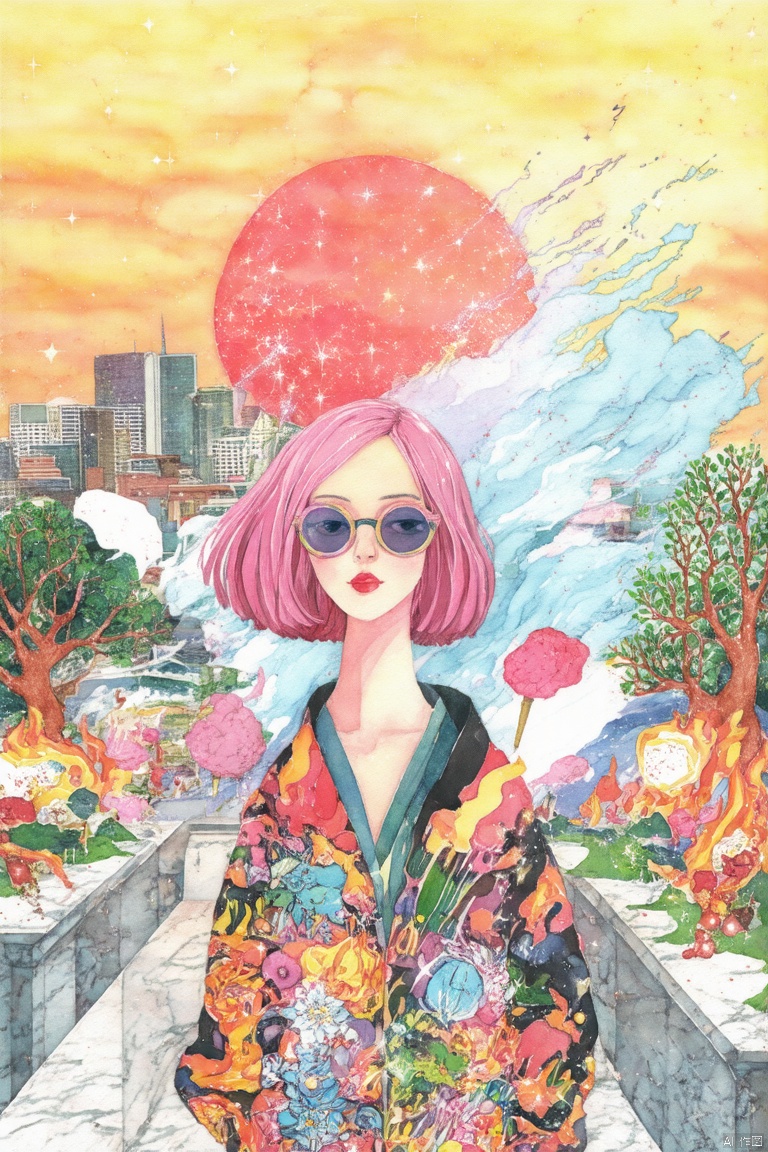 A dramatic avant-garde editorial illustration featuring a woman with short pink hair, donning 70s-style round sunglasses pulled down her nose. She gazes forward, exuding confidence amidst the vibrant Tokyo cityscape at sunset. Marble structures and bonsai trees frame her pose, as she wears an illustrated jacket adorned with whimsical flowers, smoke, flames, ice cream, sparkles, and rock and roll motifs. The warm golden light of the setting sun casts a mystical glow on the scene.